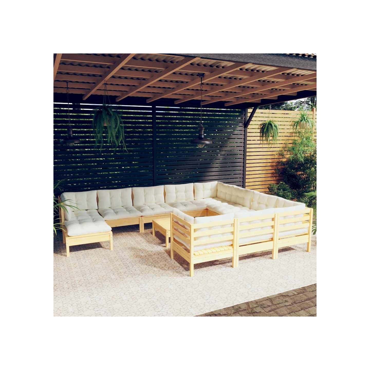 Salon de jardin 12 pcs avec coussins crème Bois de pin