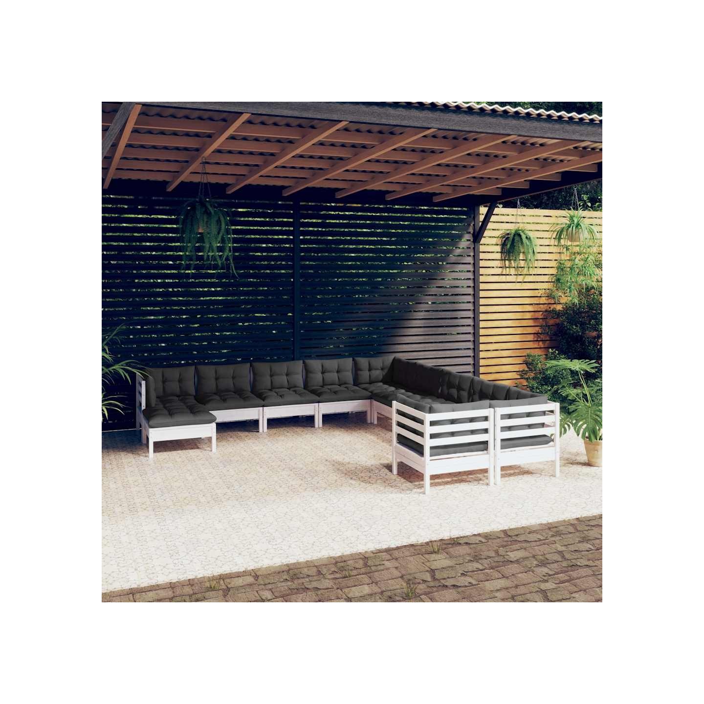 Salon de jardin 11 pcs avec coussins blanc bois de pin