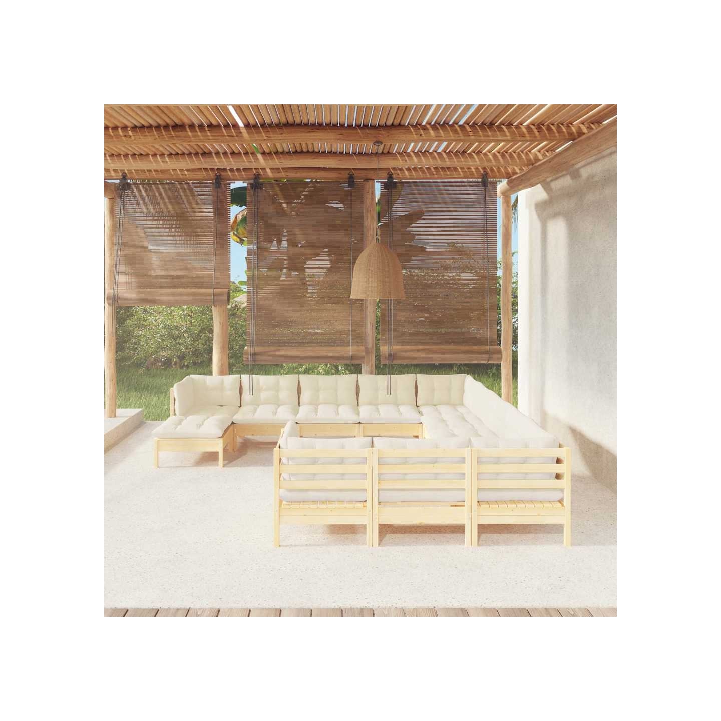 Salon de jardin 12 pcs avec coussins crème Bois de pin
