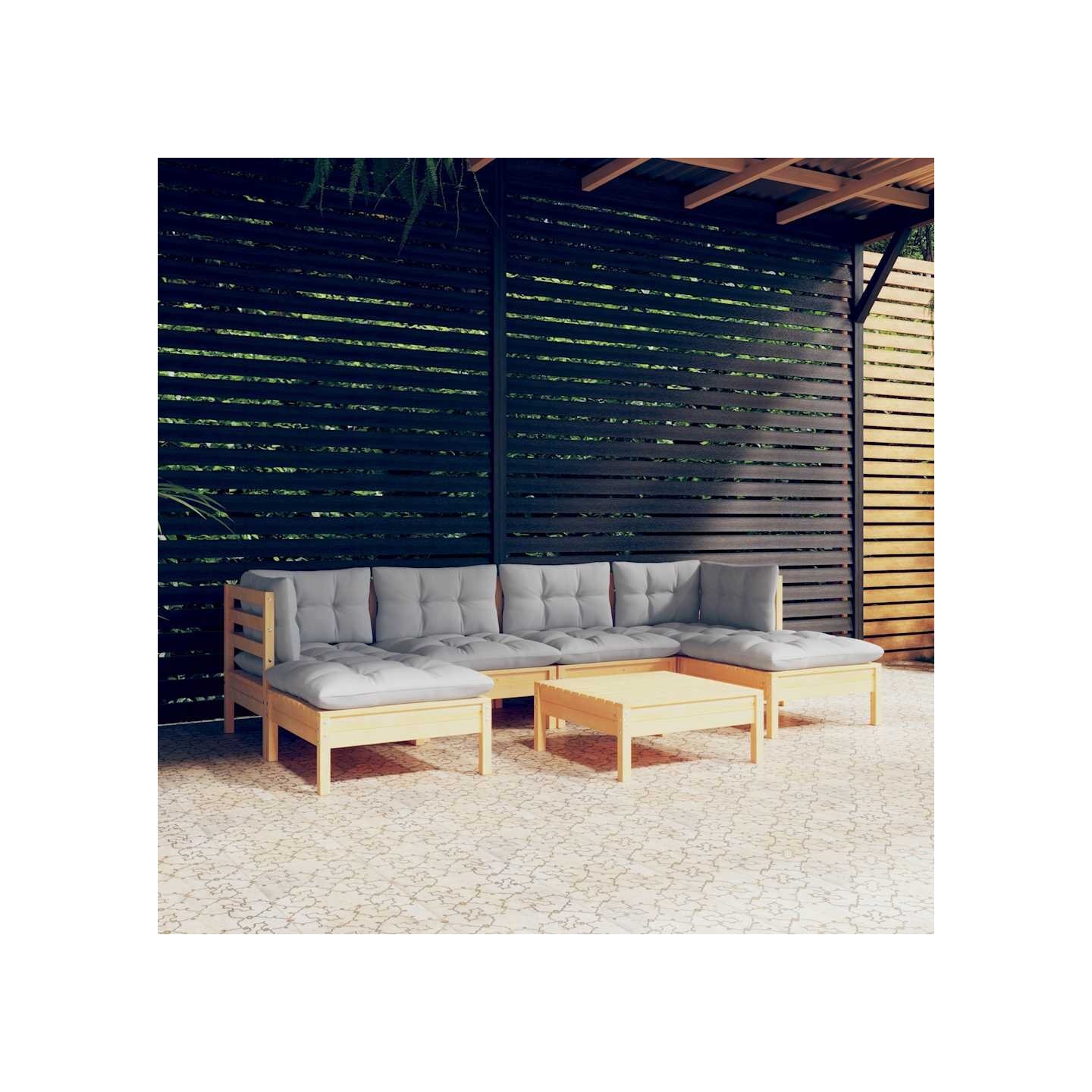 Salon de jardin 7 pcs avec coussins gris bois de pin
