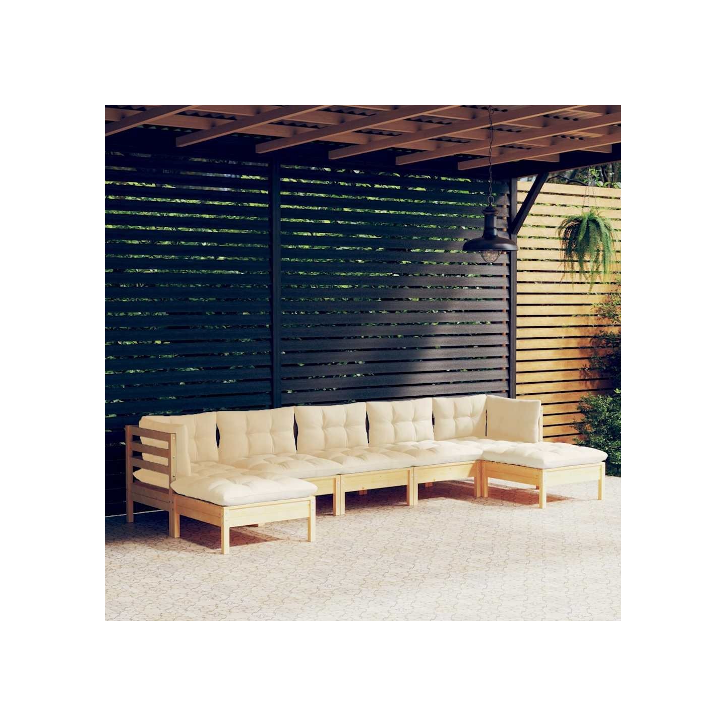 Salon de jardin 7 pcs avec coussins crème bois de pin