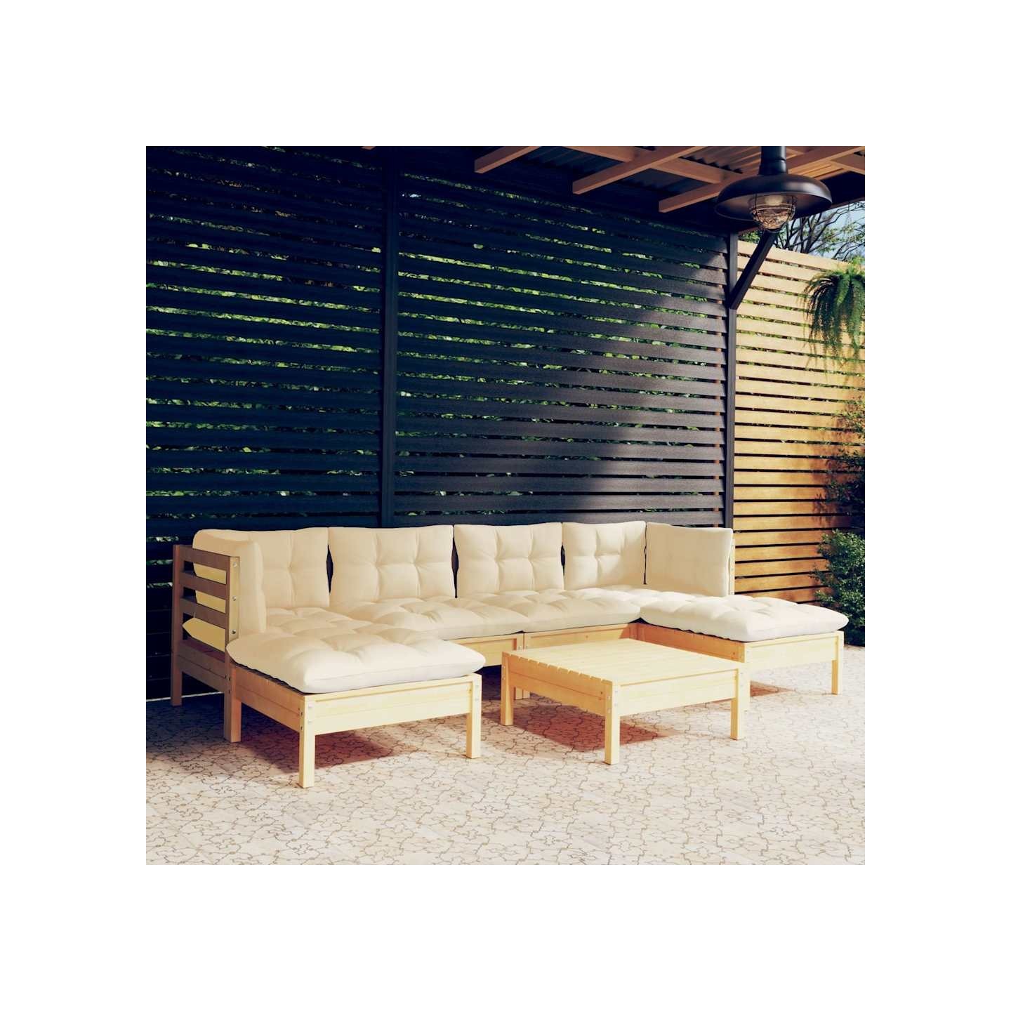 Salon de jardin 7 pcs avec coussins crème bois de pin