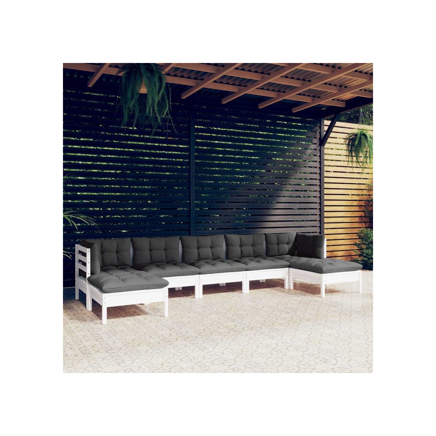 Salon de jardin 7 pcs avec coussins blanc bois de pin