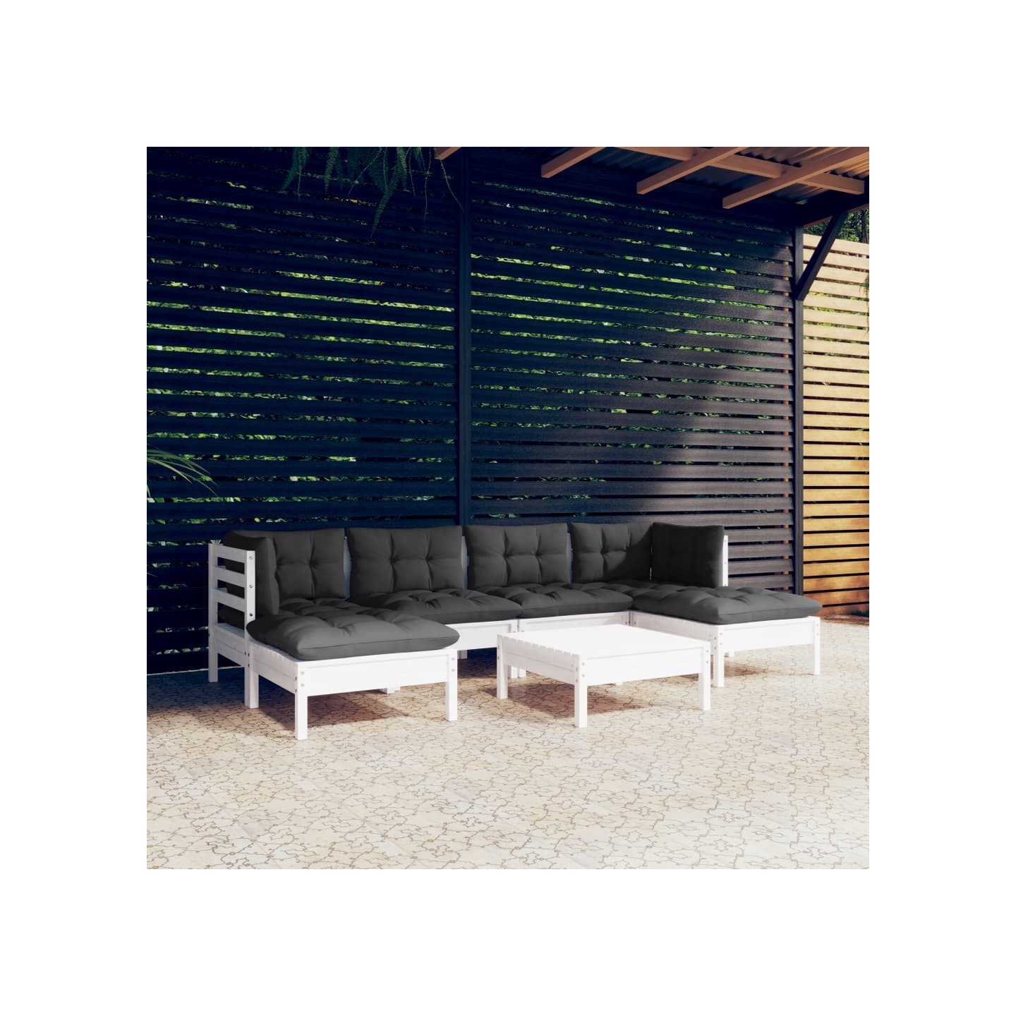 Salon de jardin 7 pcs avec coussins blanc bois de pin