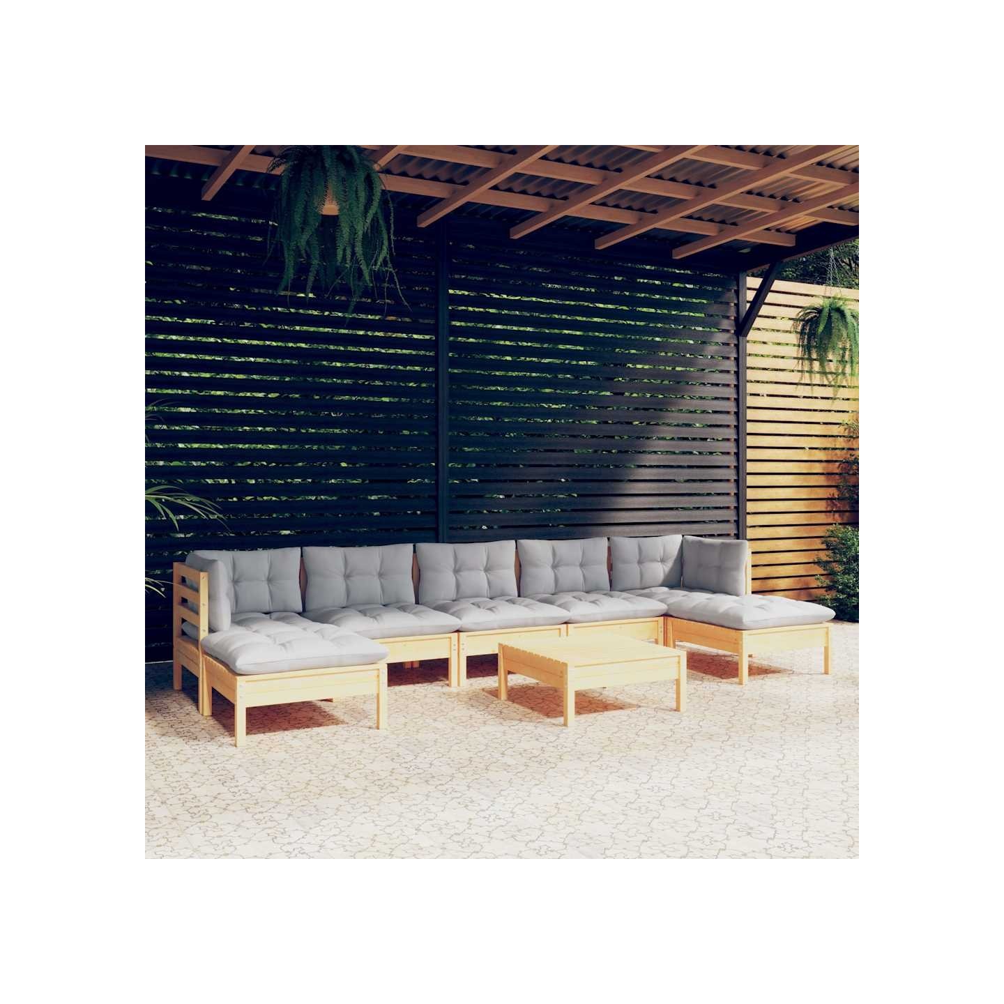 Salon de jardin 8 pcs avec coussins gris Bois de pin