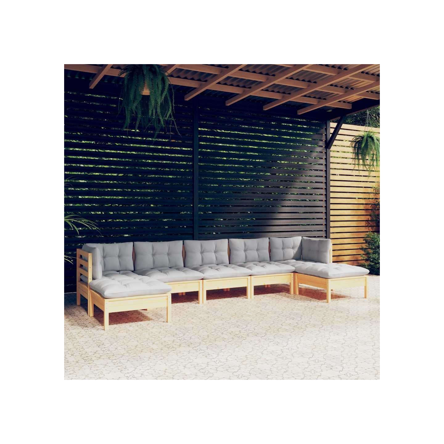 Salon de jardin 7 pcs avec coussins gris bois de pin
