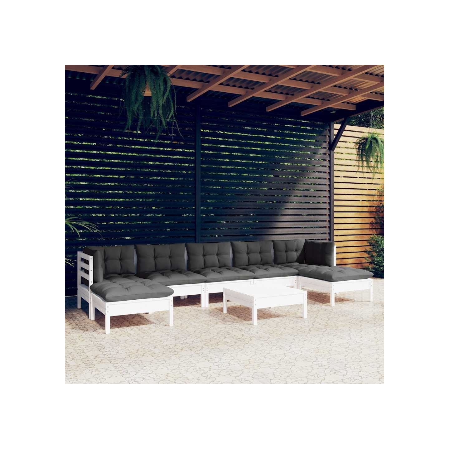 Salon de jardin 8 pcs avec coussins blanc bois de pin