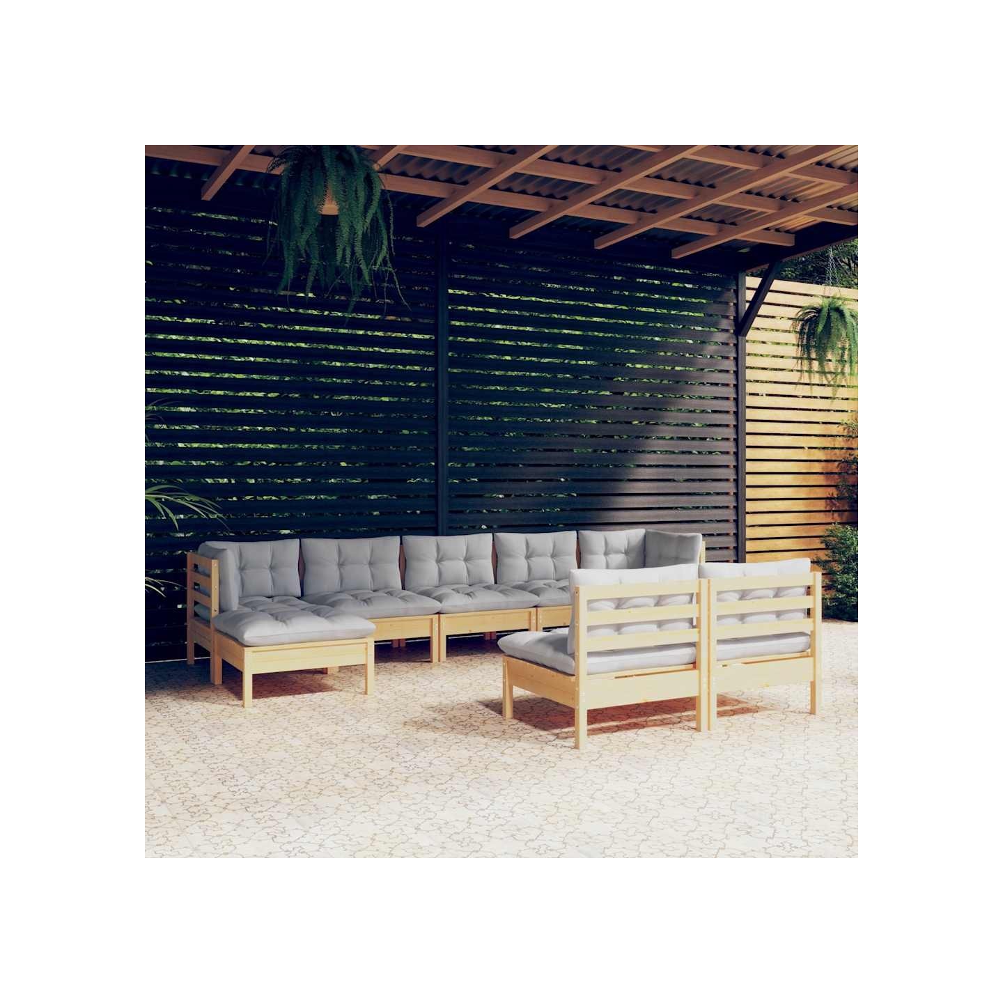 Salon de jardin 9 pcs avec coussins gris bois de pin