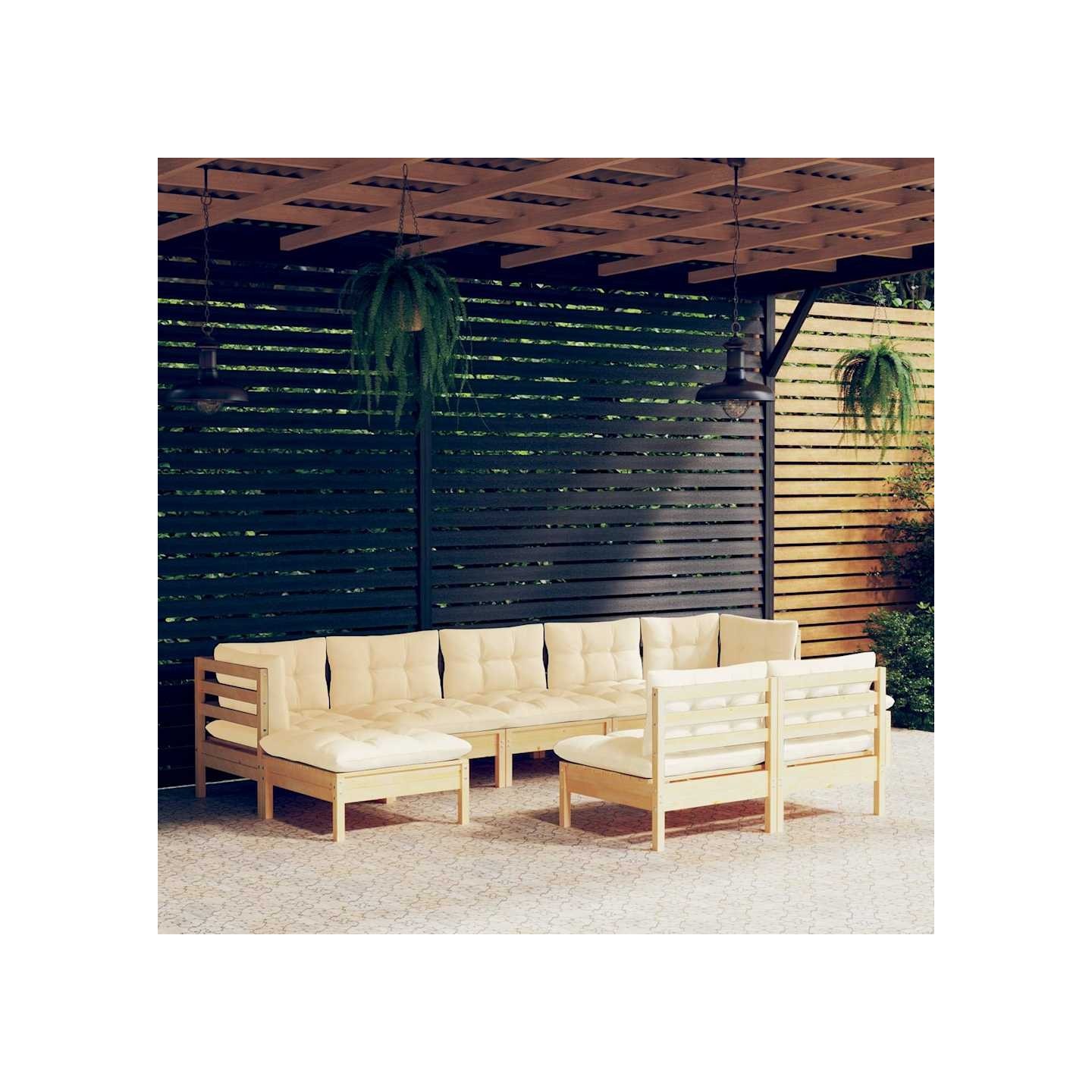 Salon de jardin 9 pcs avec coussins crème bois de pin