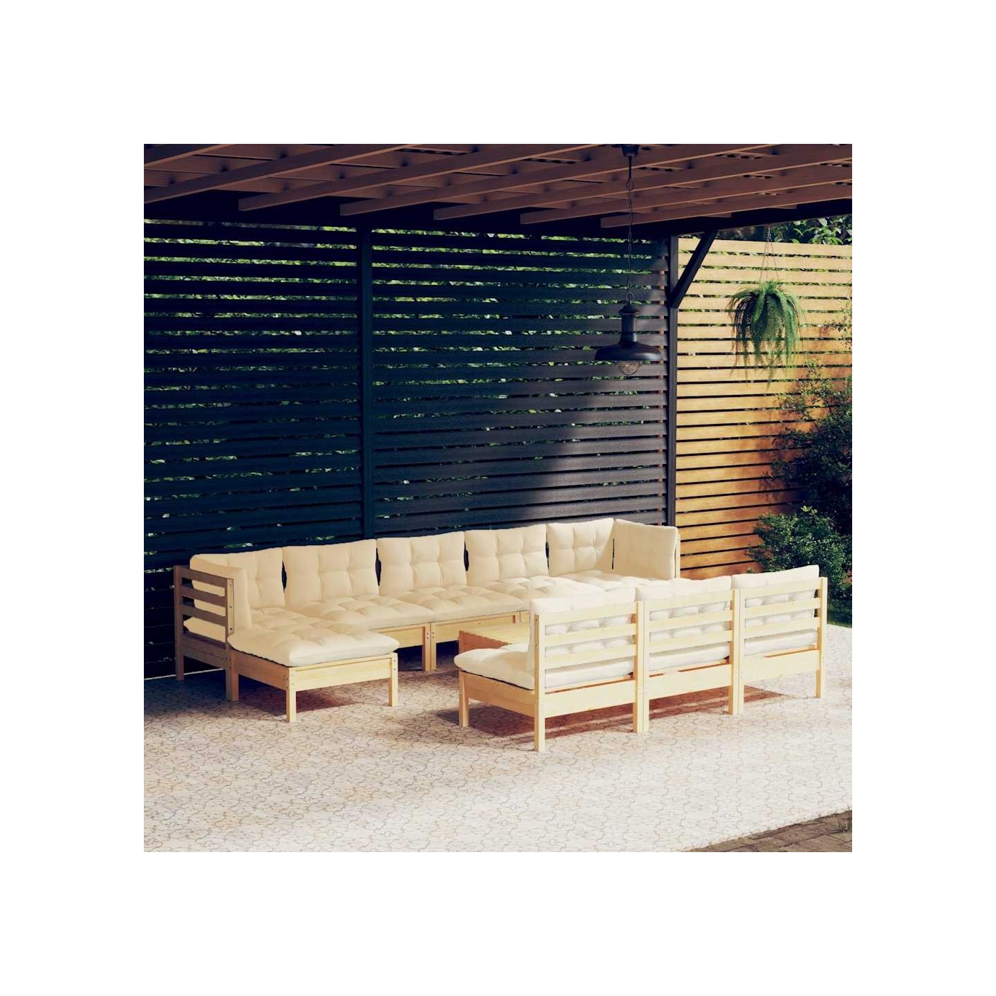 Salon de jardin 11 pcs avec coussins crème bois de pin