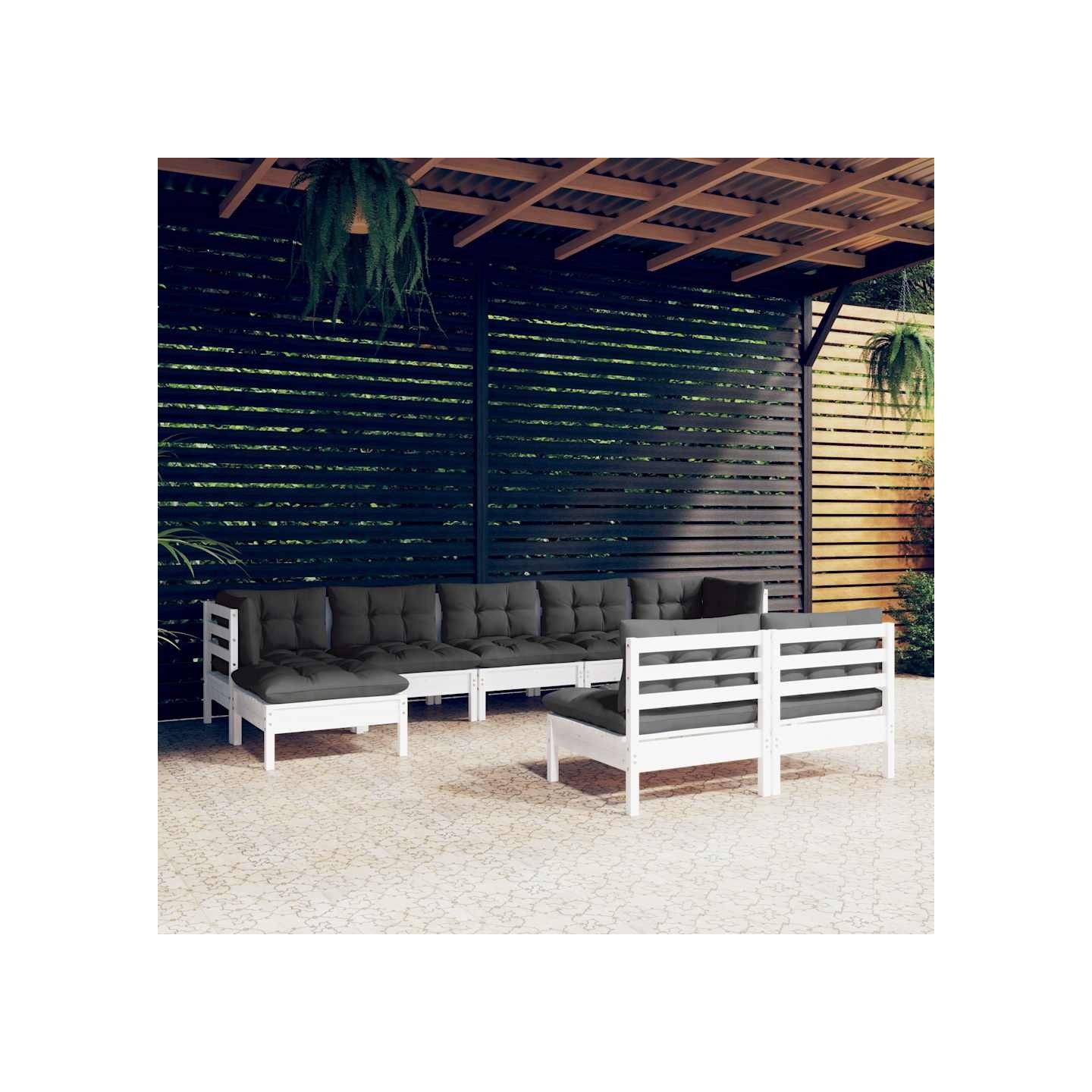 Salon de jardin 9 pcs avec coussins blanc bois de pin