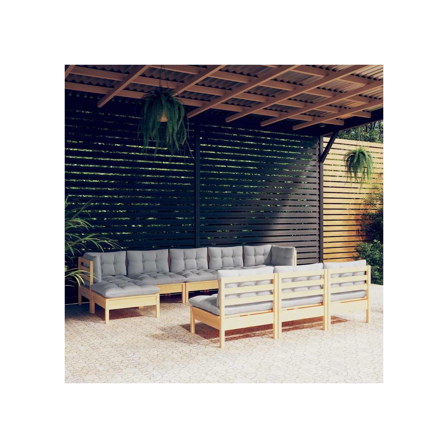Salon de jardin 10 pcs avec coussins gris Bois de pin