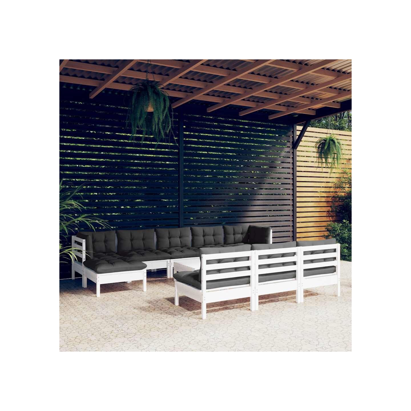 Salon de jardin 11 pcs avec coussins blanc bois de pin