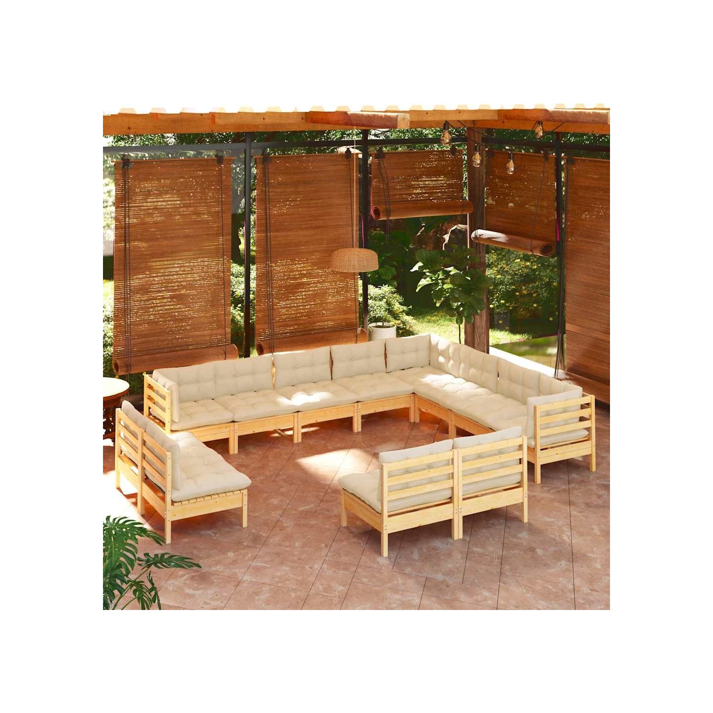 Salon de jardin 12 pcs avec coussins crème Bois de pin massif