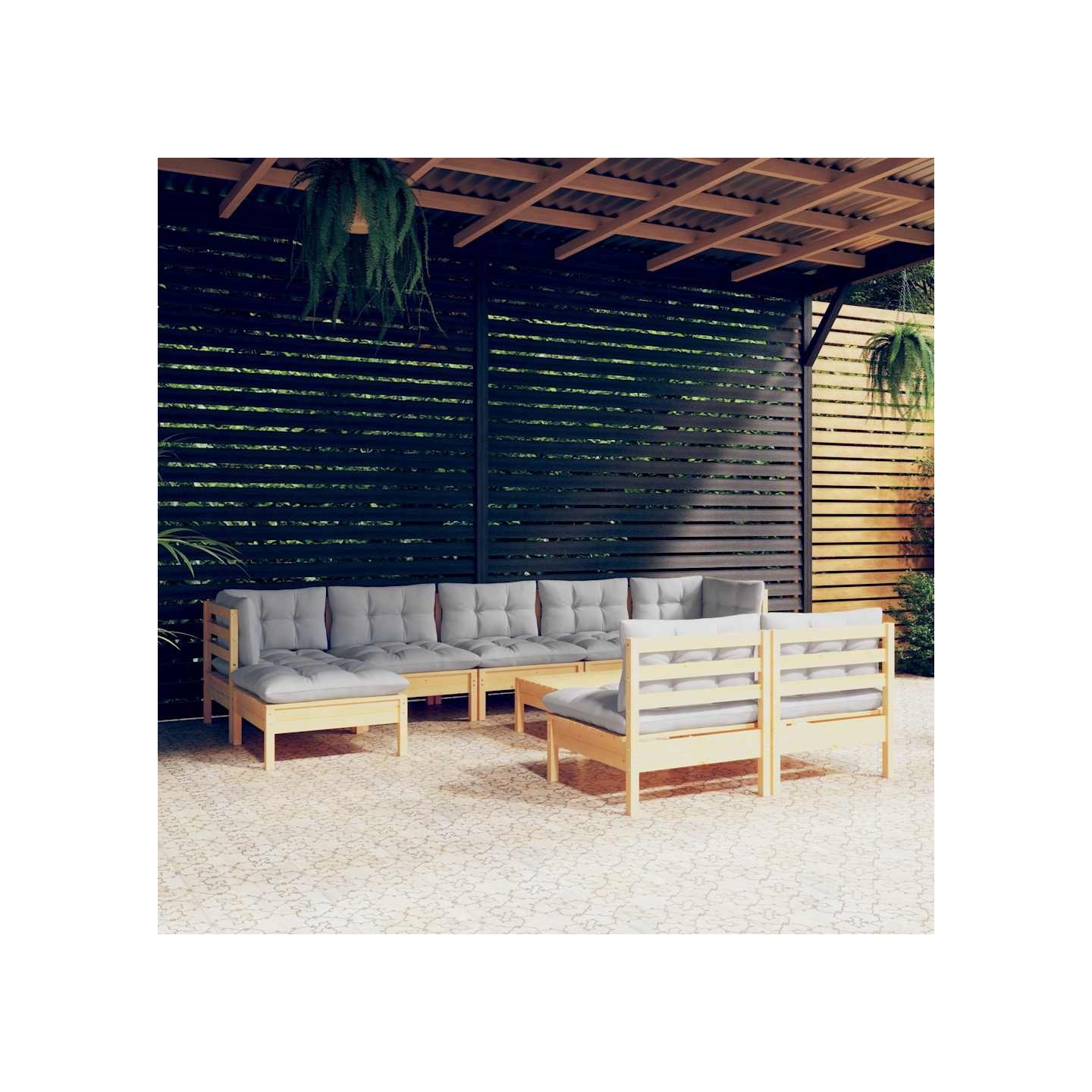 Salon de jardin 10 pcs avec coussins gris Bois de pin