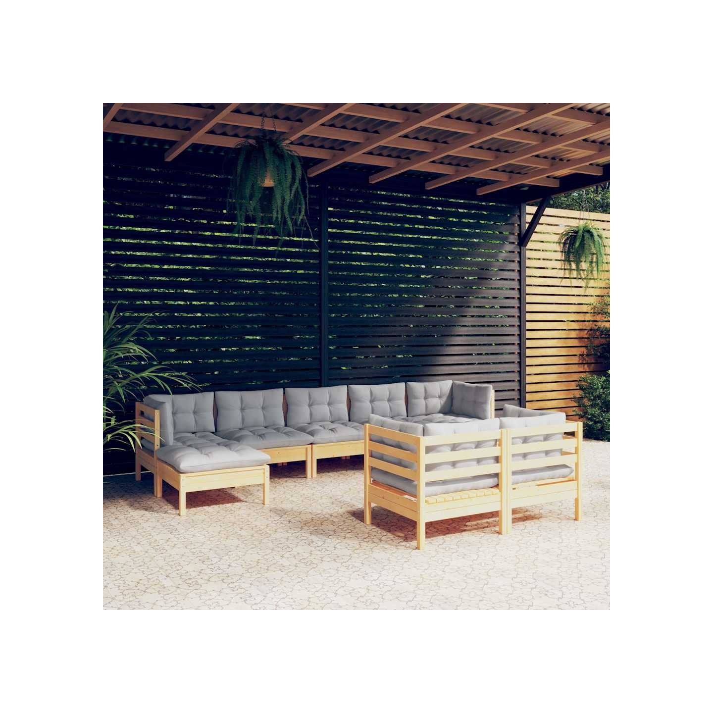 Salon de jardin 9 pcs avec coussins gris bois de pin massif
