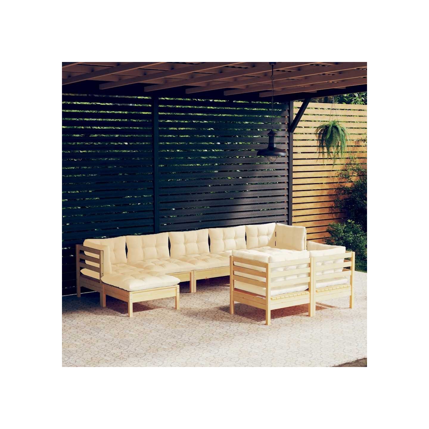 Salon de jardin 9 pcs avec coussins crème bois de pin massif
