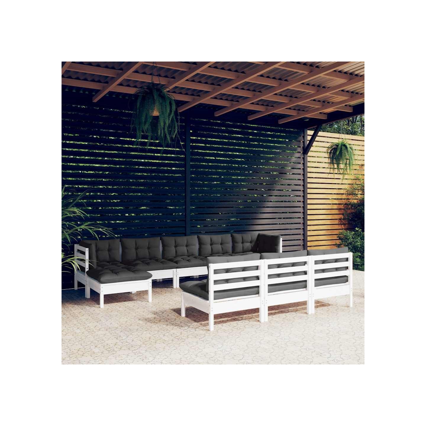 Salon de jardin 10 pcs avec coussins blanc bois de pin