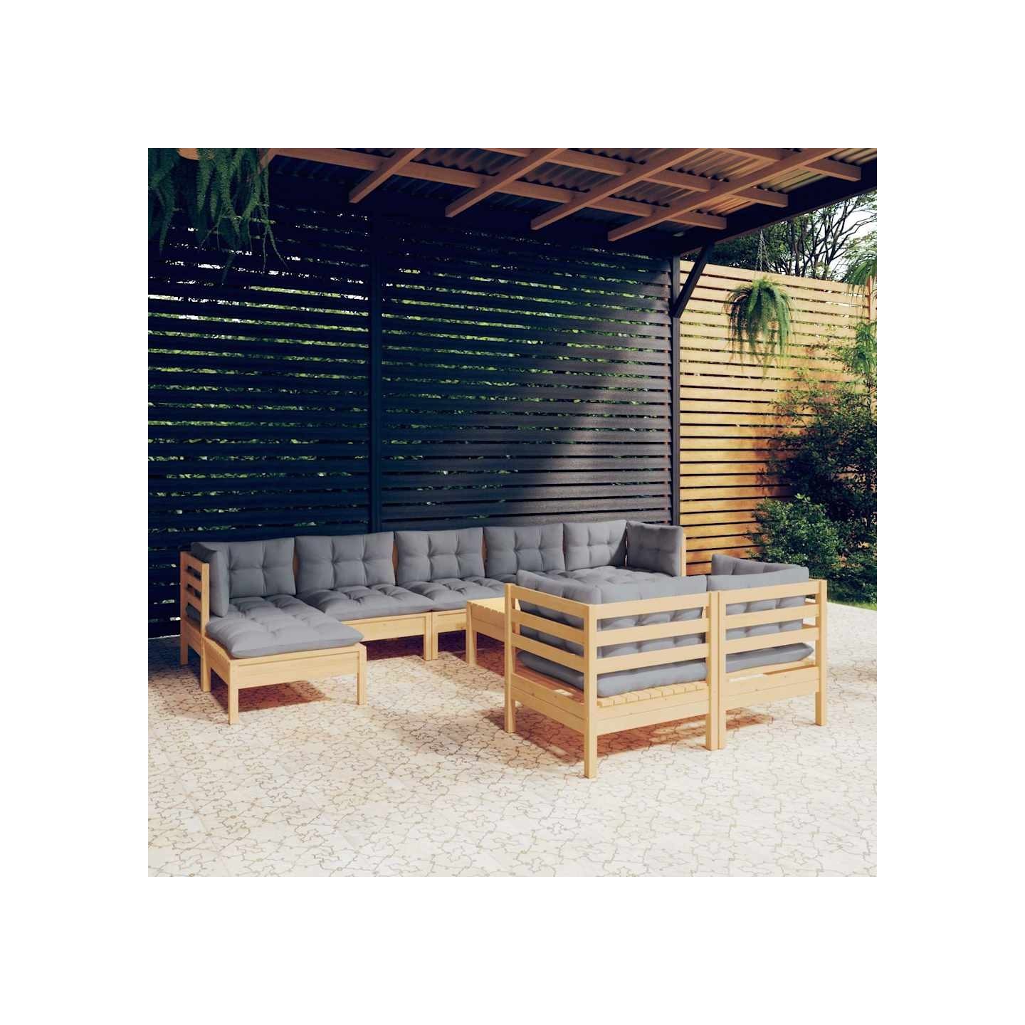 Salon de jardin 10 pcs avec coussins gris bois de pin massif