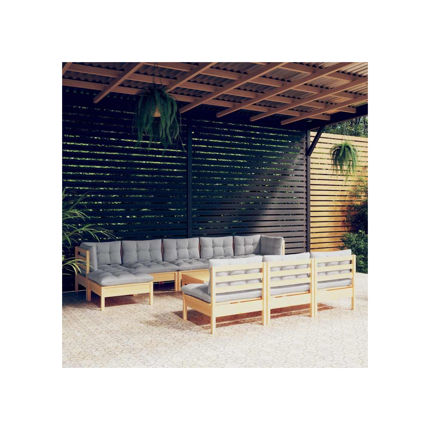 Salon de jardin 11 pcs avec coussins gris bois de pin
