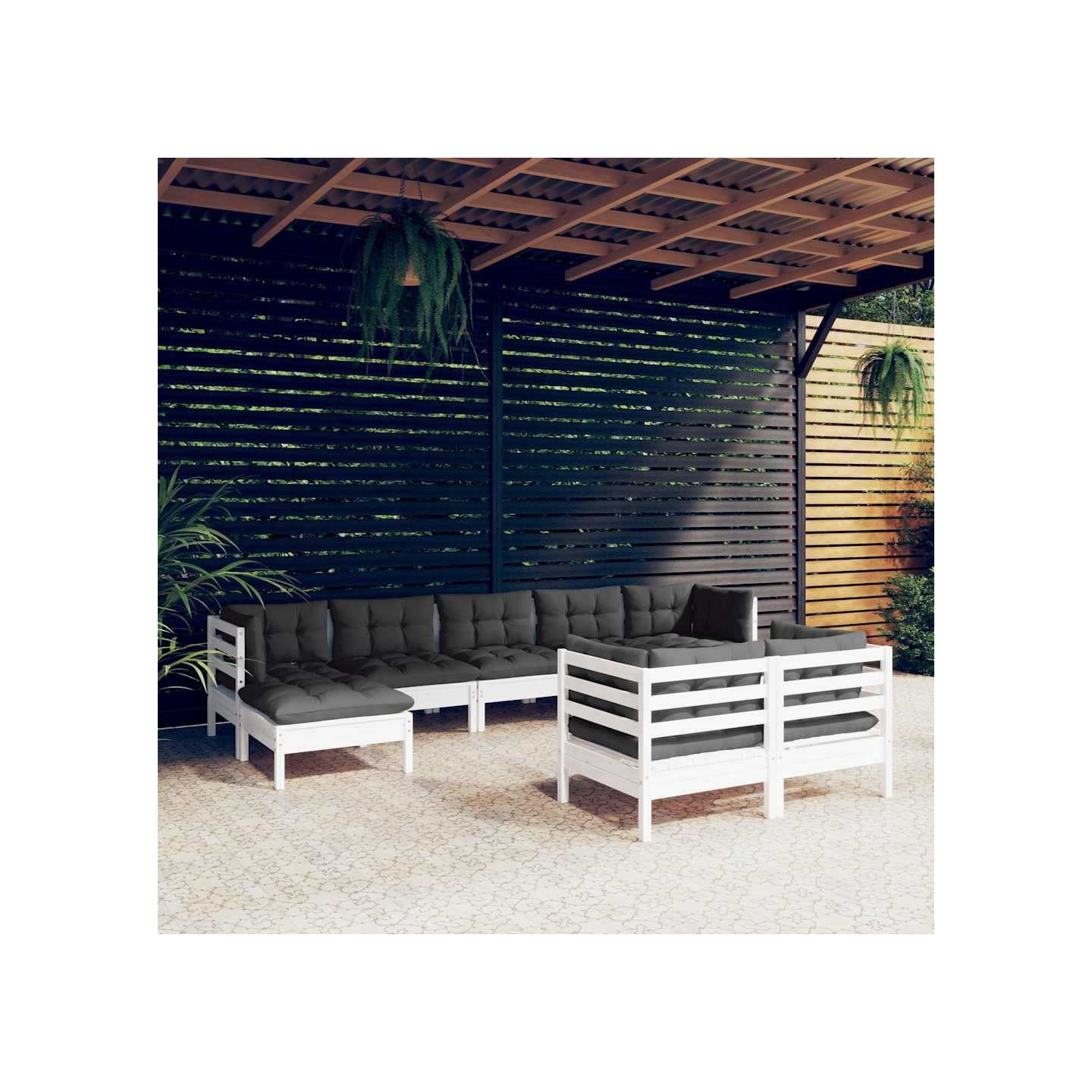 Salon de jardin 9 pcs avec coussins blanc bois de pin massif