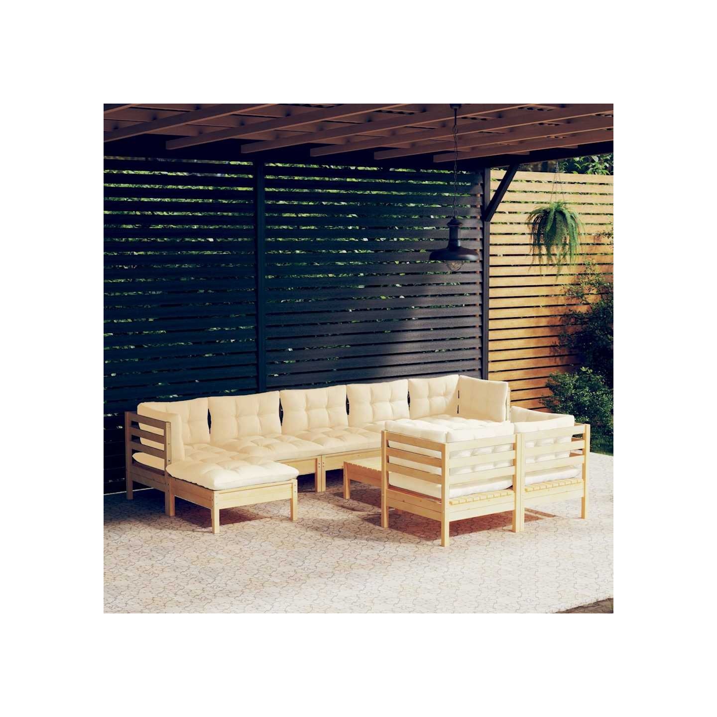 Salon de jardin 10 pcs avec coussins crème bois de pin massif