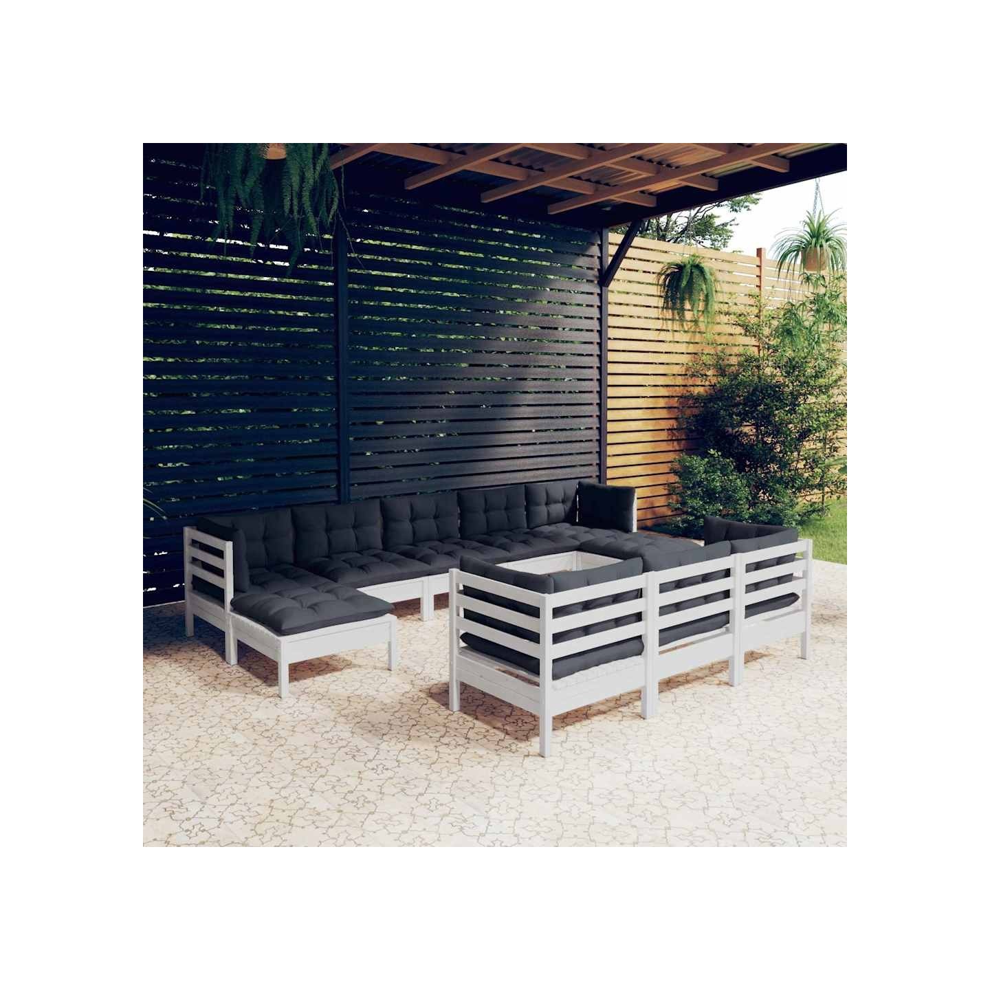 Salon de jardin 10 pcs avec coussins blanc bois de pin massif