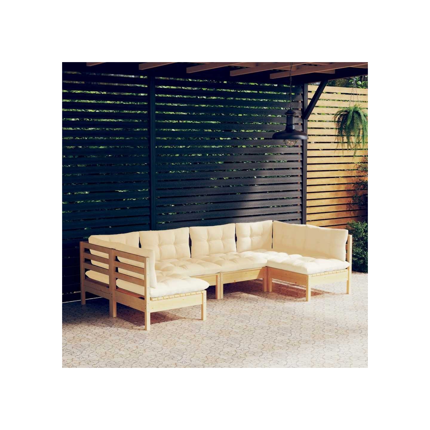 Salon de jardin 6 pcs avec coussins crème Bois de pin massif