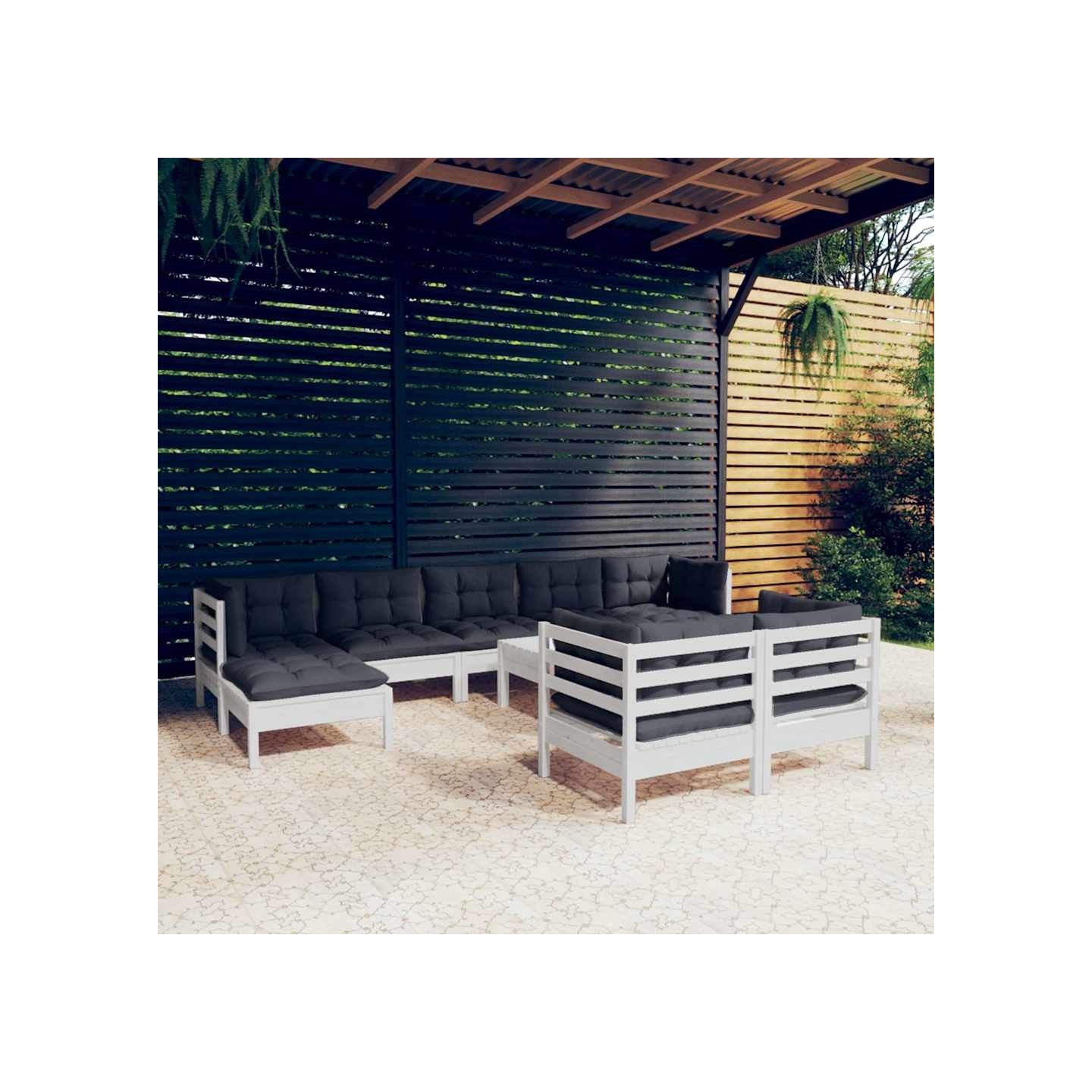 Salon de jardin 10 pcs avec coussins blanc bois de pin massif