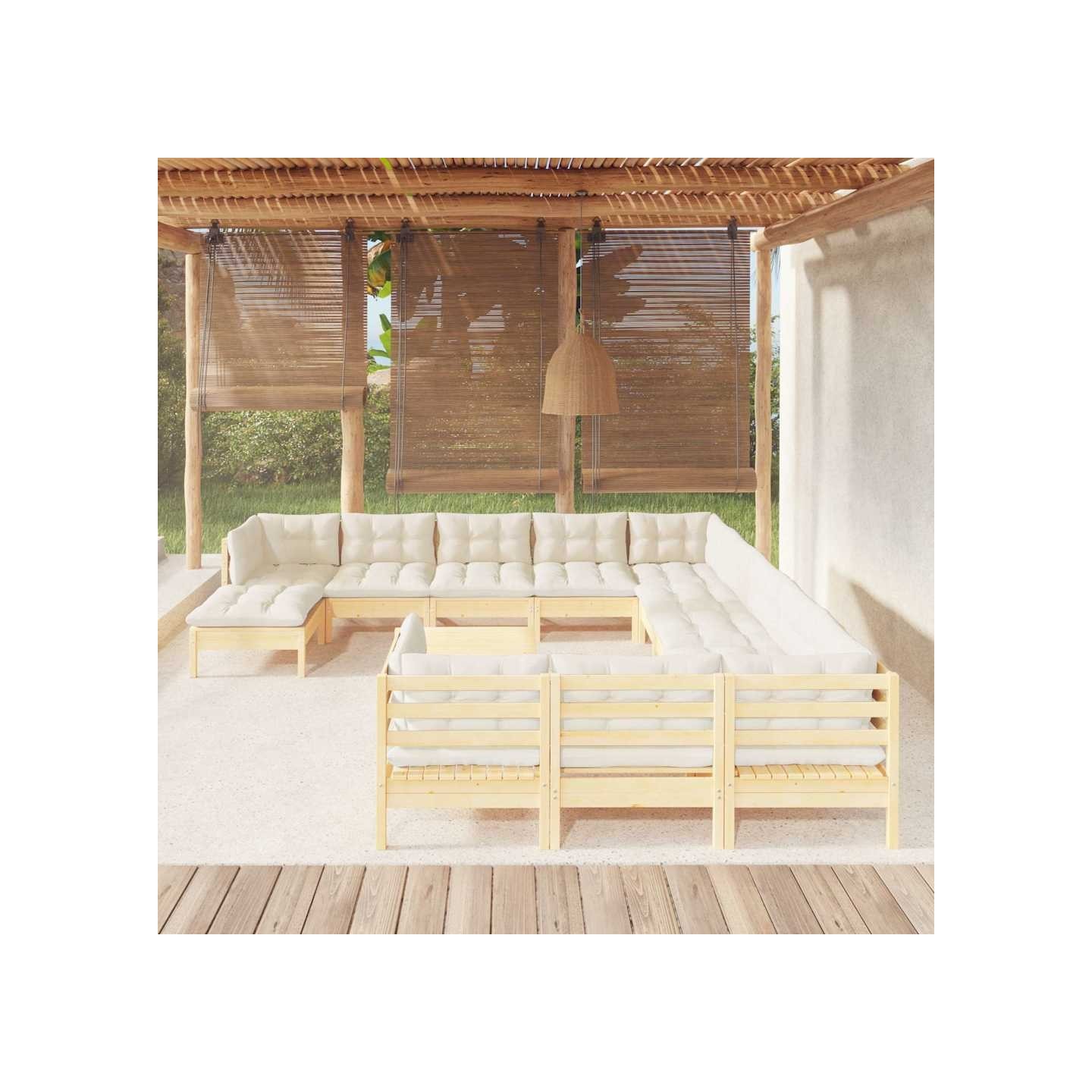 Salon de jardin 13 pcs avec coussins crème bois de pin