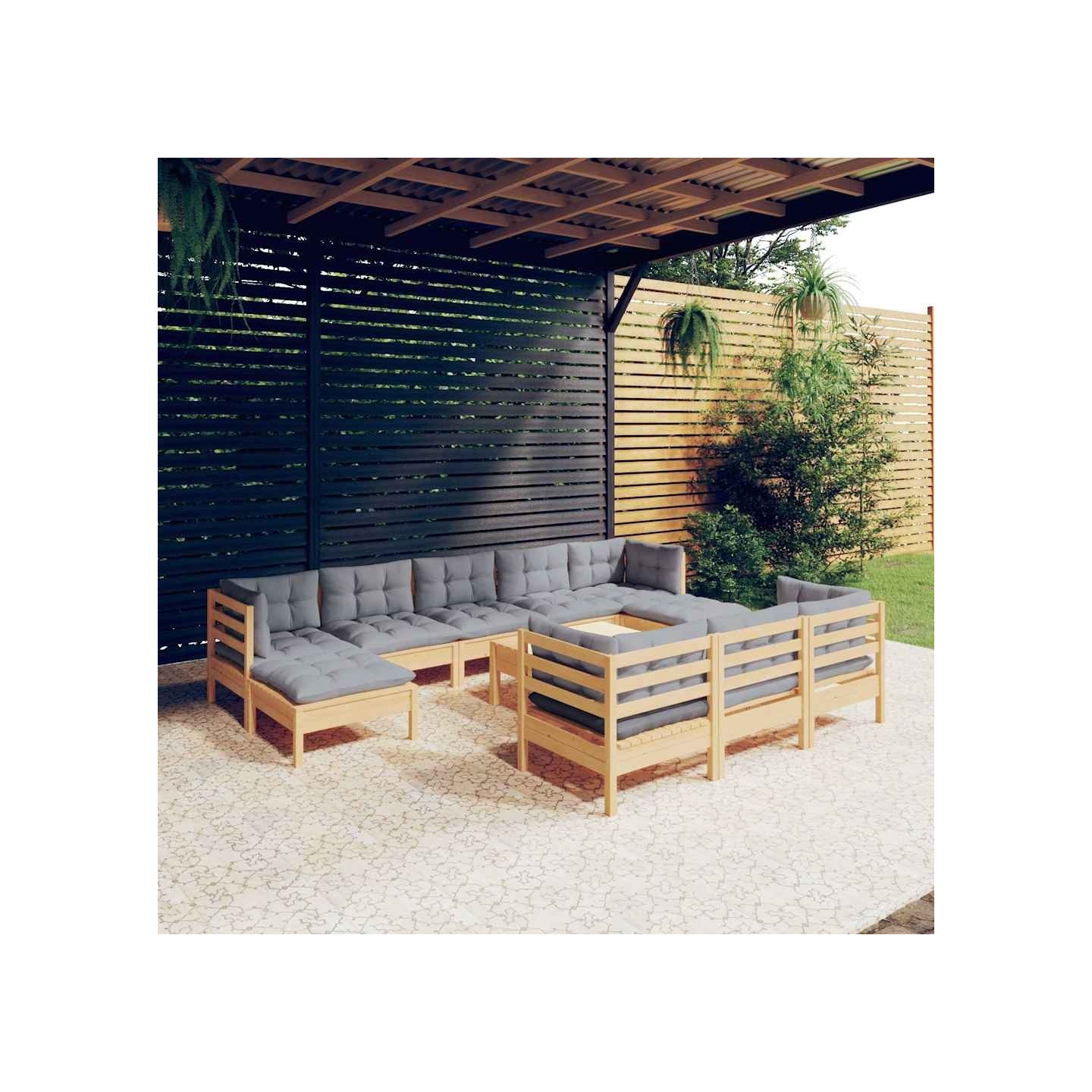Salon de jardin 11 pcs avec coussins gris Bois de pin solide