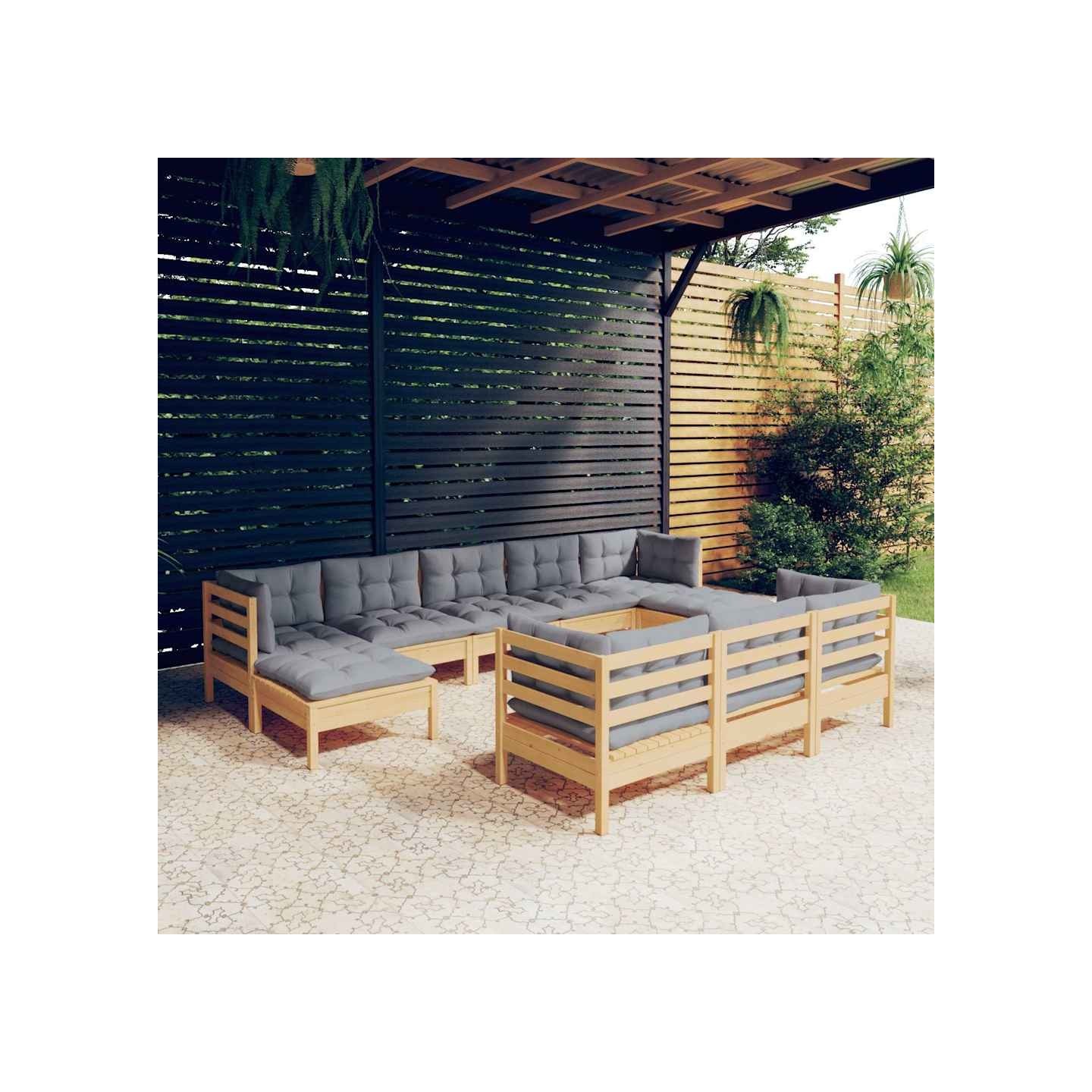 Salon de jardin 10 pcs avec coussins gris bois de pin massif