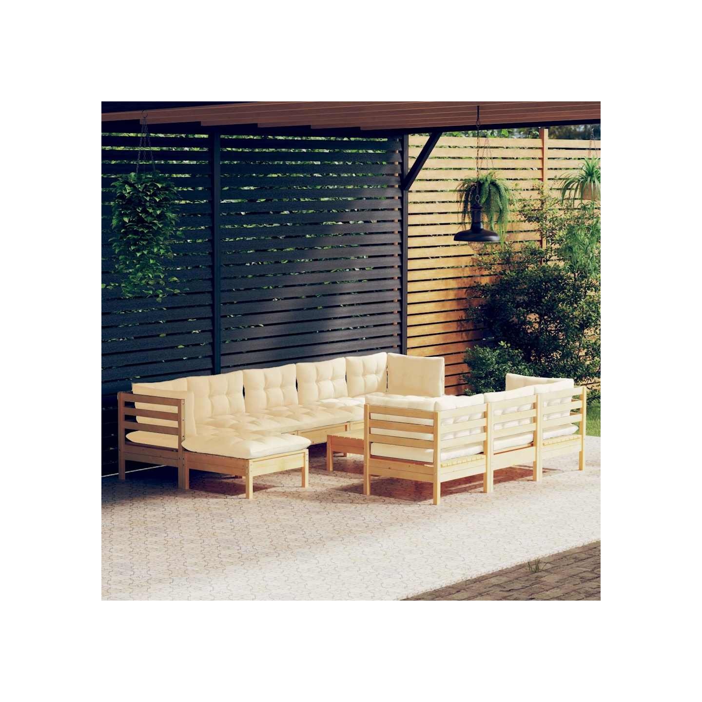 Salon de jardin 11 pcs avec coussins crème Bois de pin solide