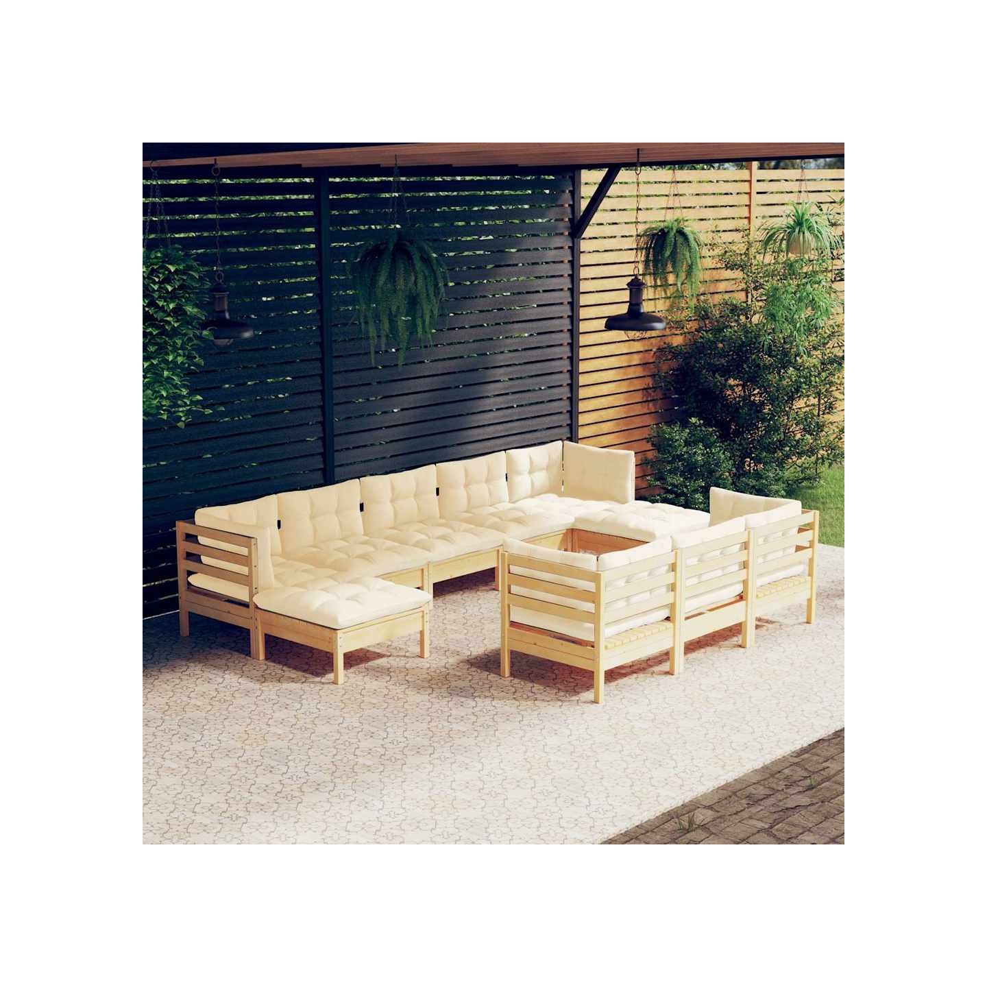 Salon de jardin 10 pcs avec coussins crème bois de pin massif