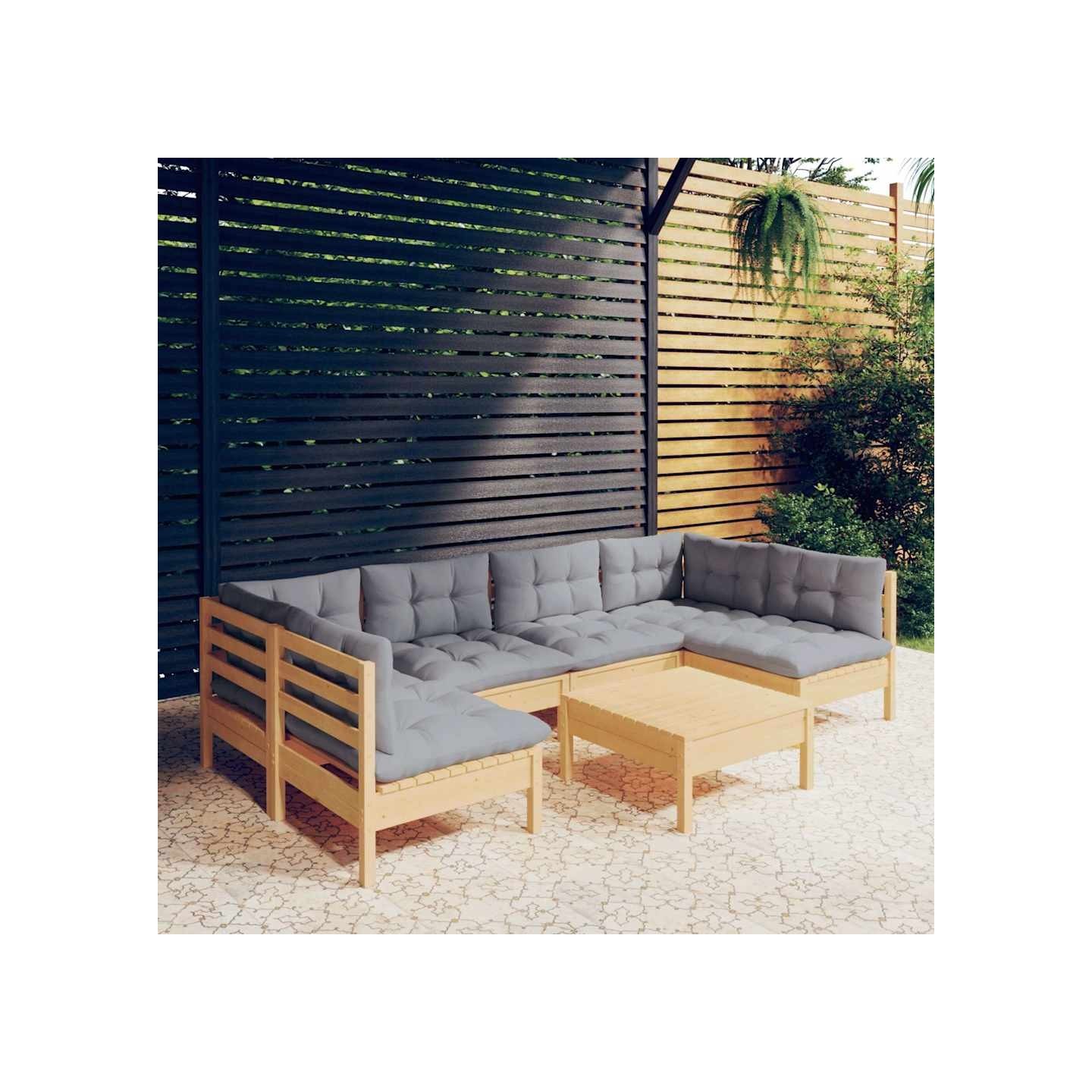 Salon de jardin 7 pcs avec coussins gris bois de pin massif
