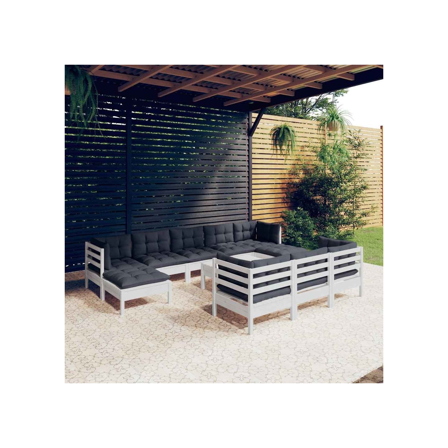Salon de jardin 11 pcs avec coussins blanc bois de pin solide