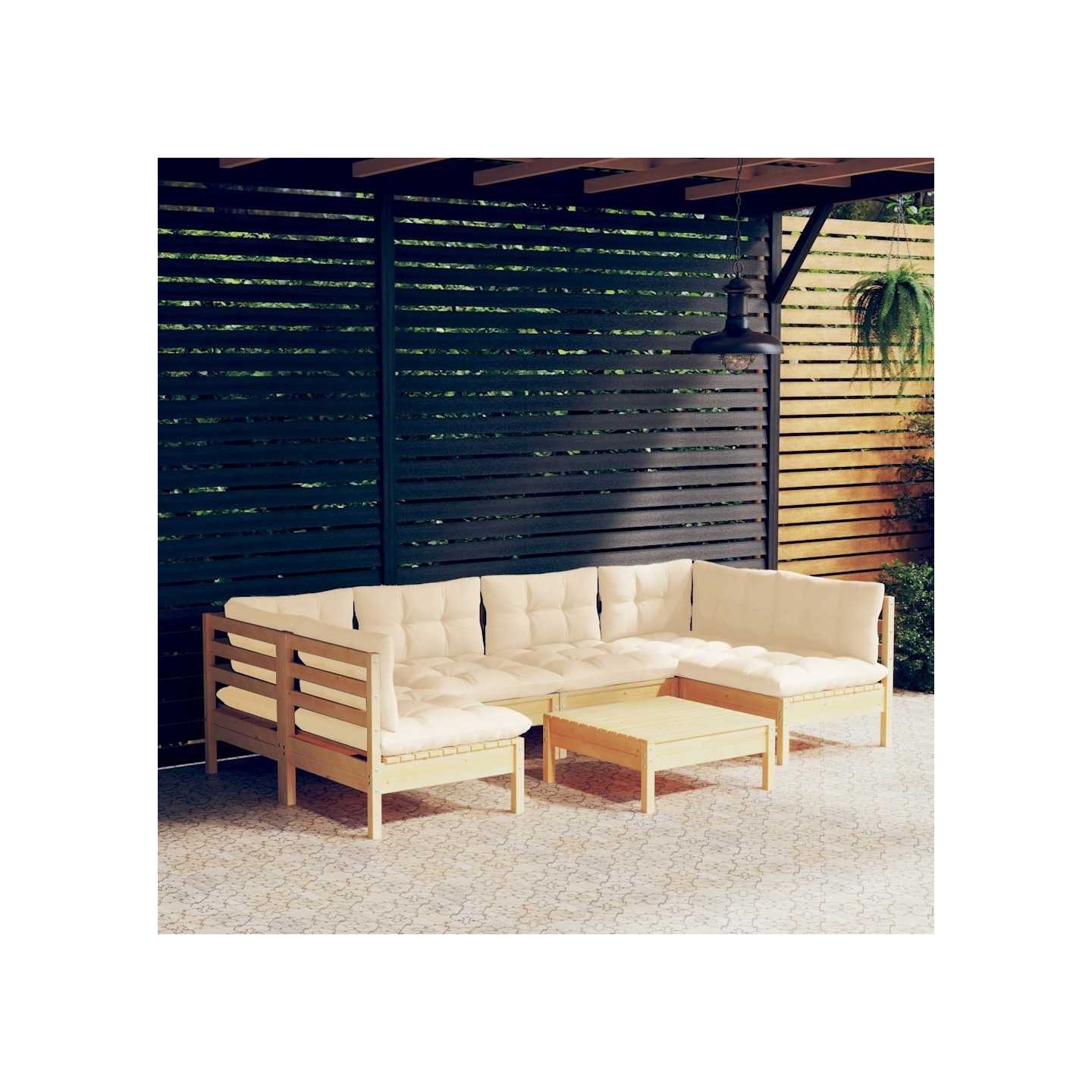 Salon de jardin 7 pcs avec coussins crème bois de pin massif