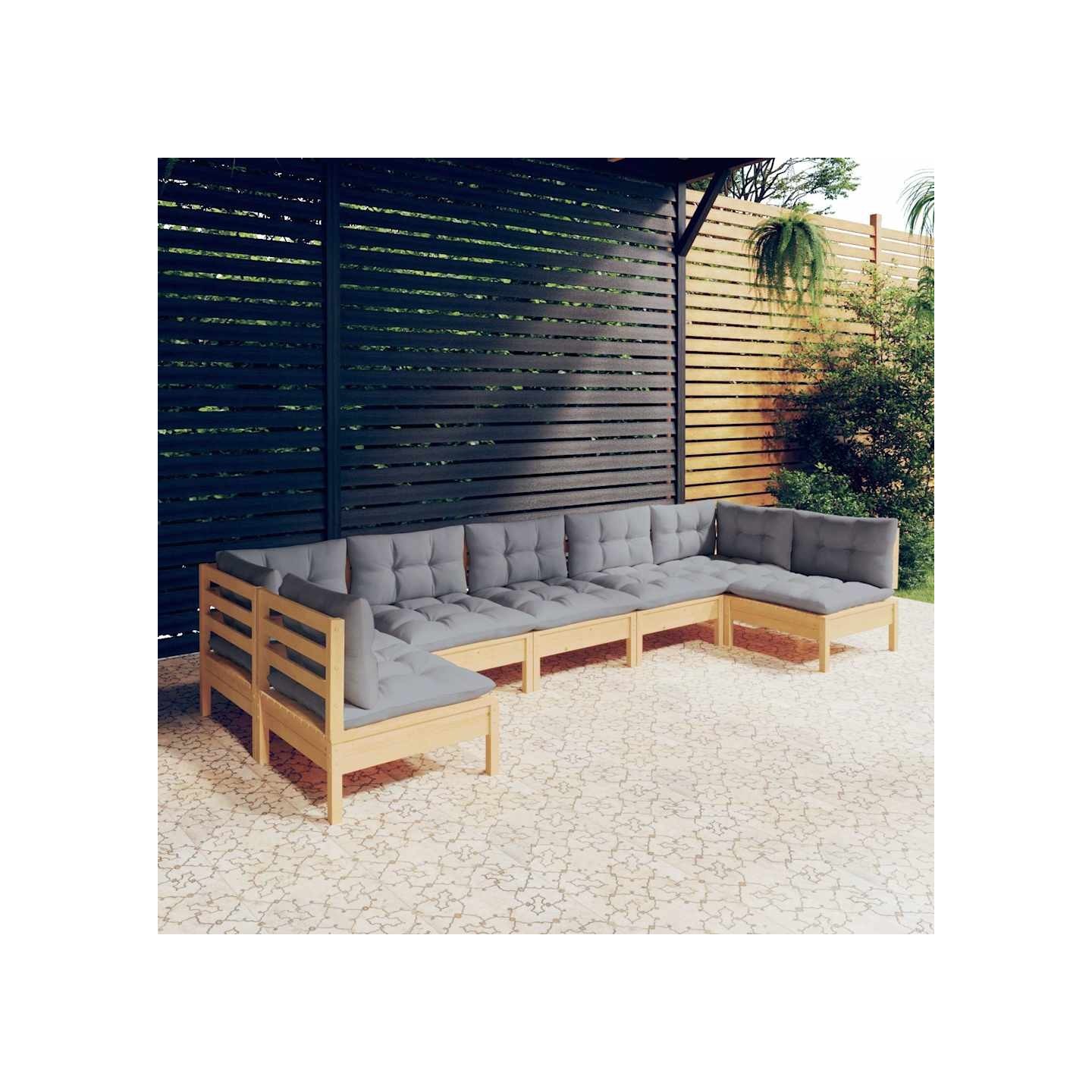 Salon de jardin 7 pcs avec coussins gris bois de pin massif