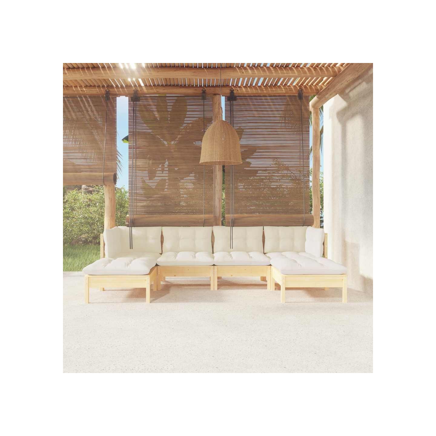 Salon de jardin 6 pcs avec coussins crème bois de pin