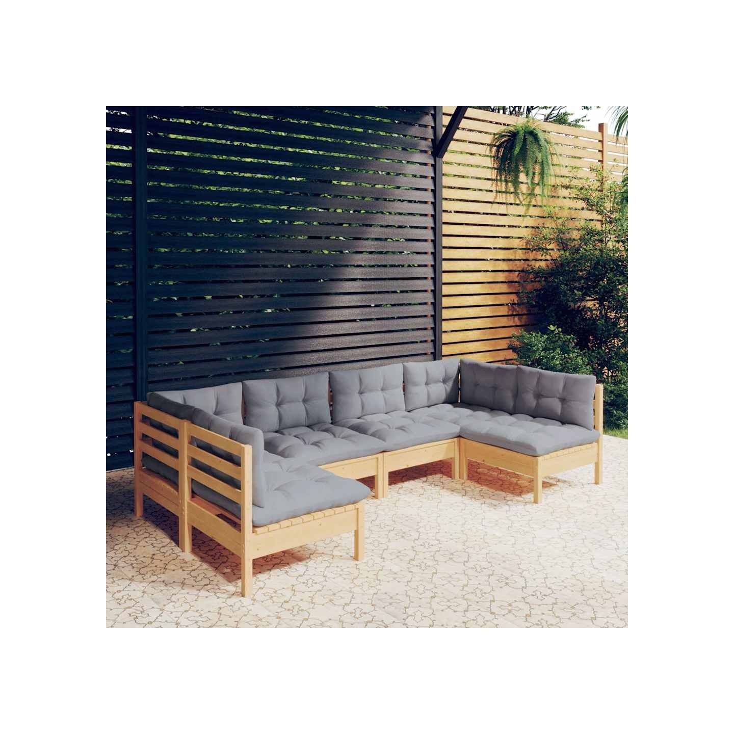 Salon de jardin 6 pcs avec coussins gris Bois de pin massif