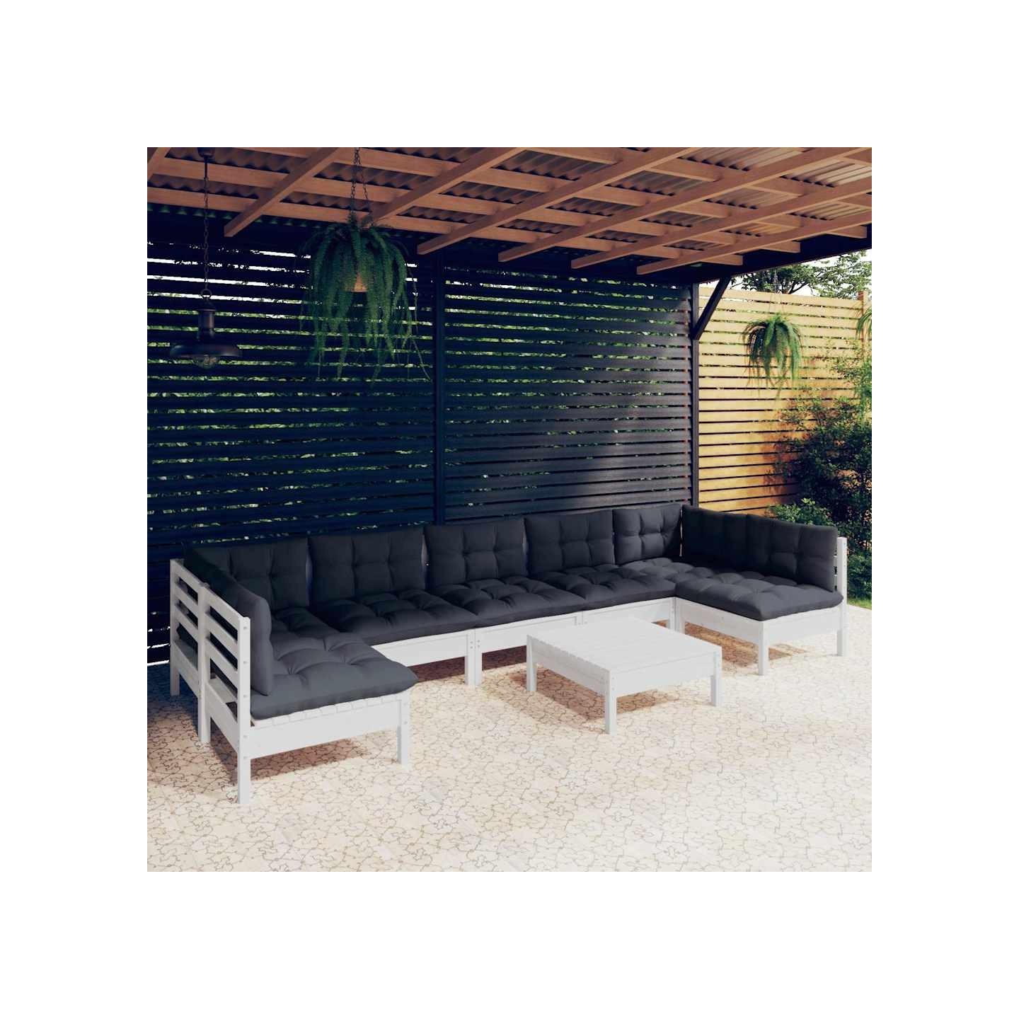 Salon de jardin 8 pcs avec coussins blanc bois de pin massif