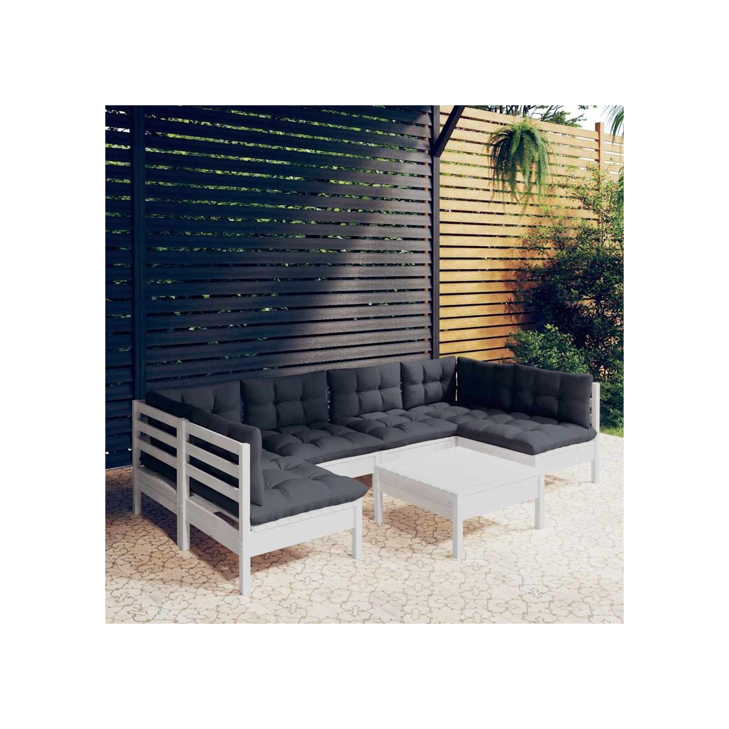 Salon de jardin 7 pcs avec coussins blanc bois de pin massif