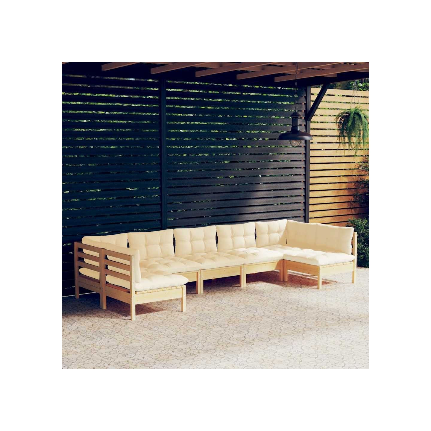 Salon de jardin 7 pcs avec coussins crème bois de pin massif
