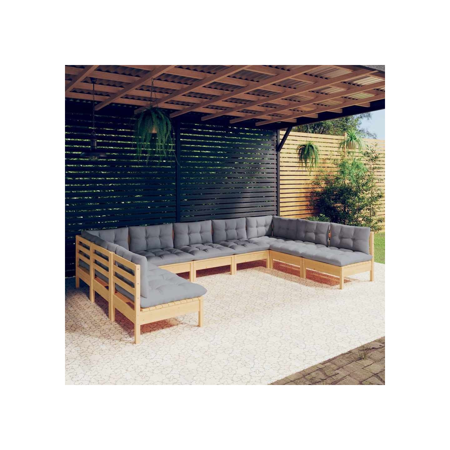 Salon de jardin 9 pcs avec coussins gris bois de pin massif