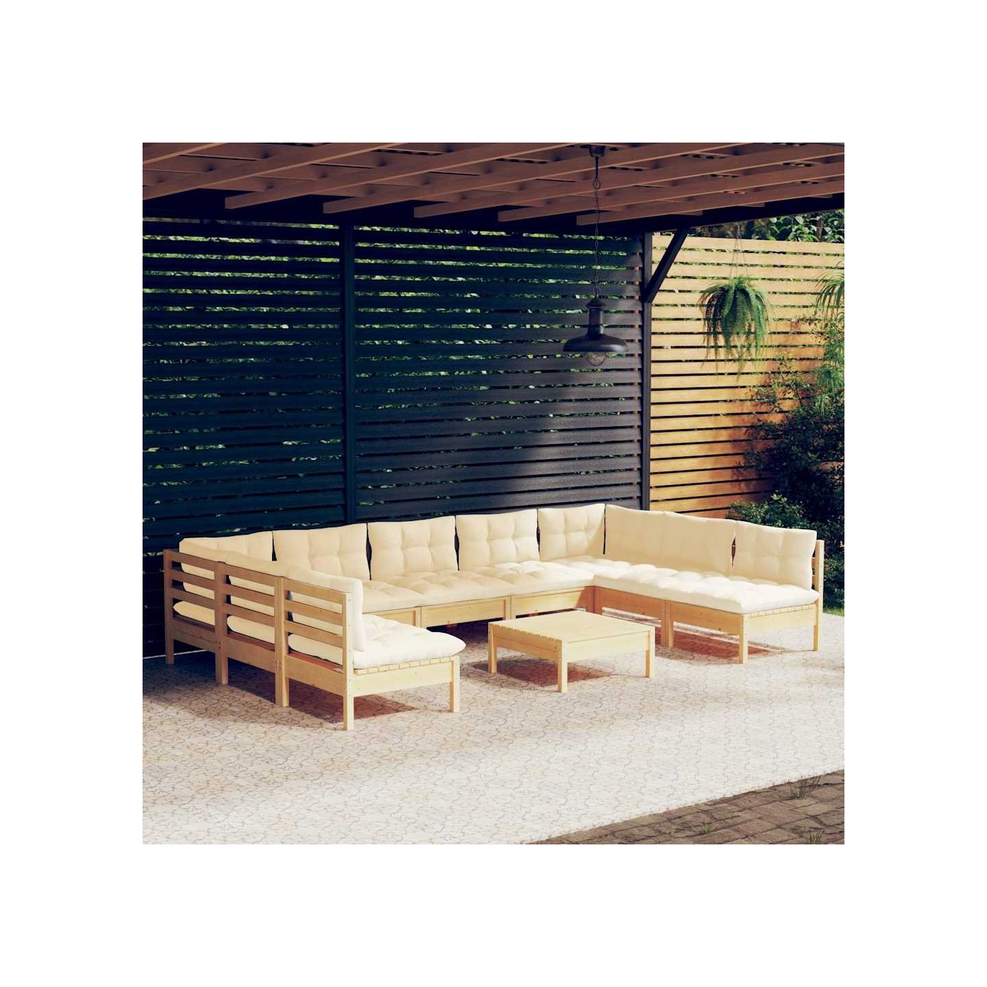 Salon de jardin 10 pcs avec coussins crème bois de pin massif
