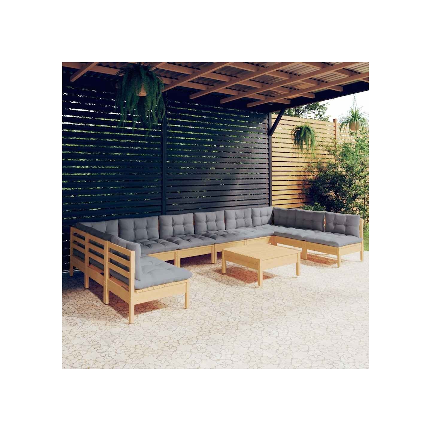 Salon de jardin 11 pcs avec coussins gris Bois de pin solide
