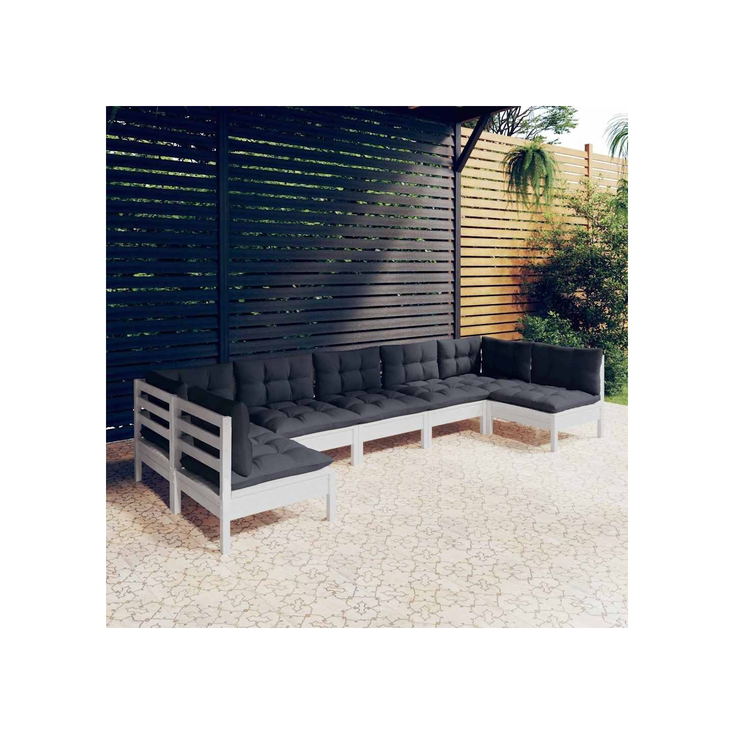 Salon de jardin 7 pcs avec coussins blanc bois de pin massif