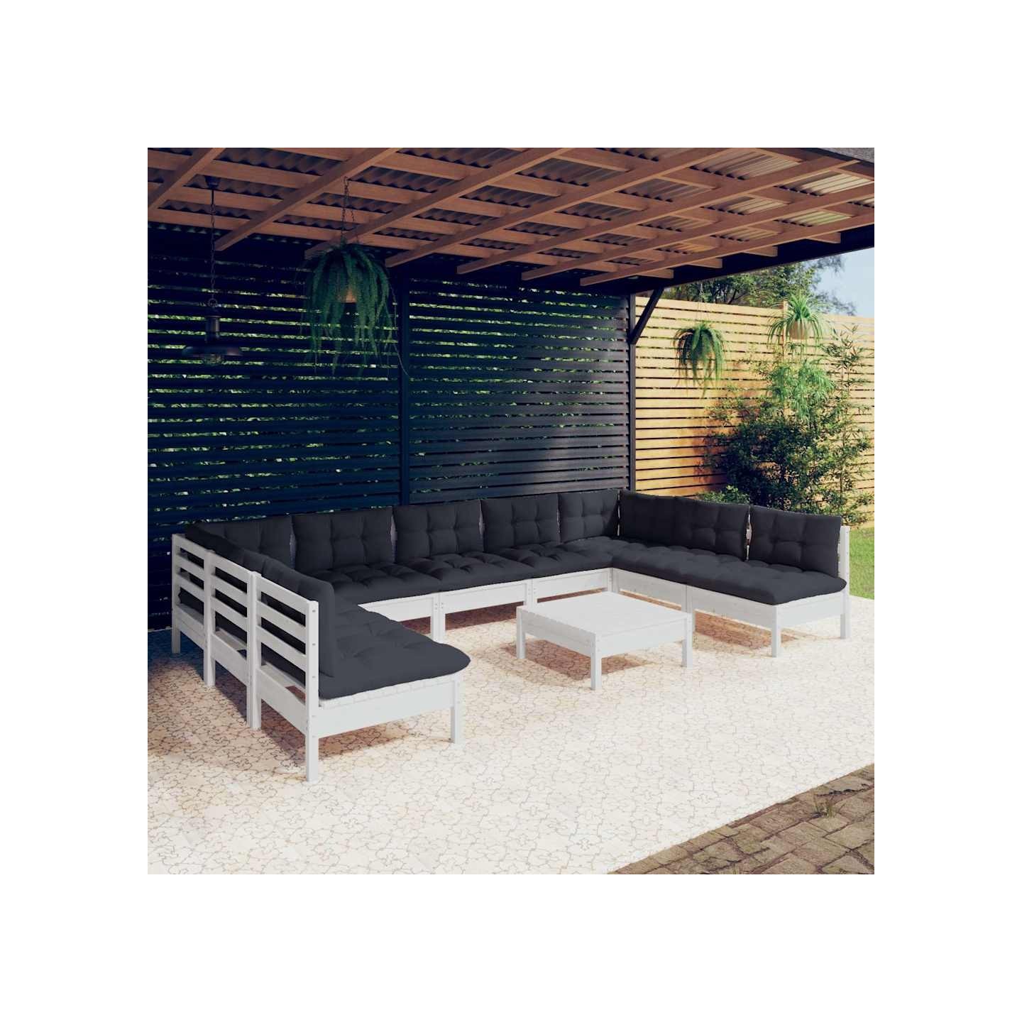 Salon de jardin 10 pcs avec coussins blanc bois de pin massif