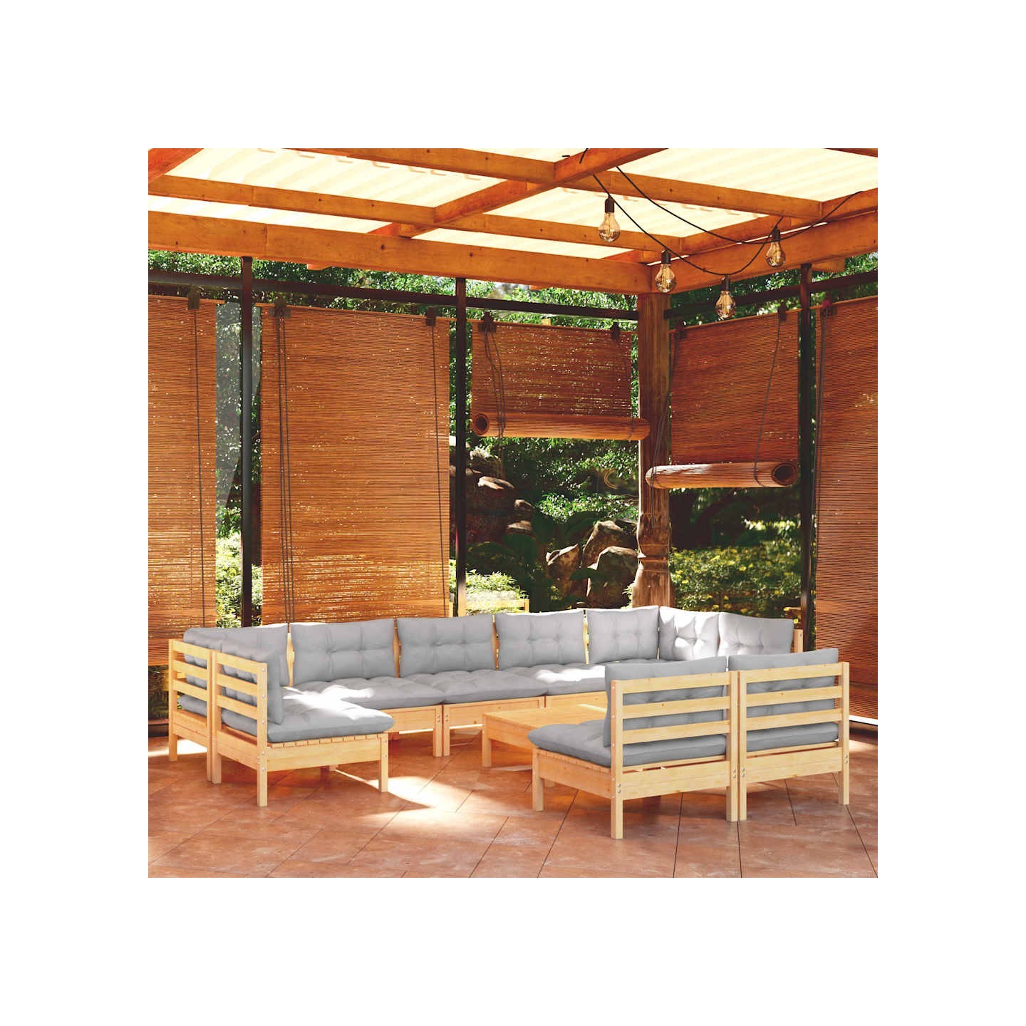 Salon de jardin 10 pcs avec coussins gris bois de pin massif