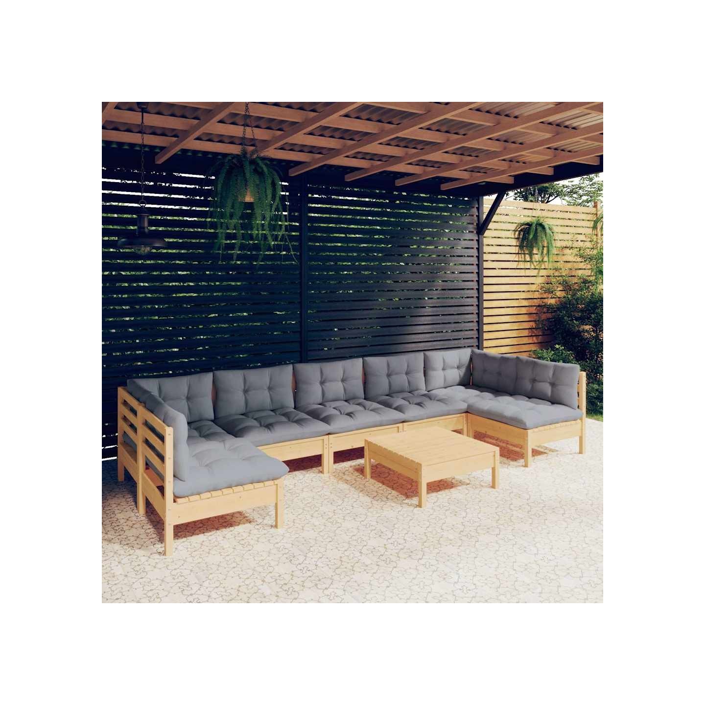 Salon de jardin 8 pcs avec coussins gris Bois de pin massif